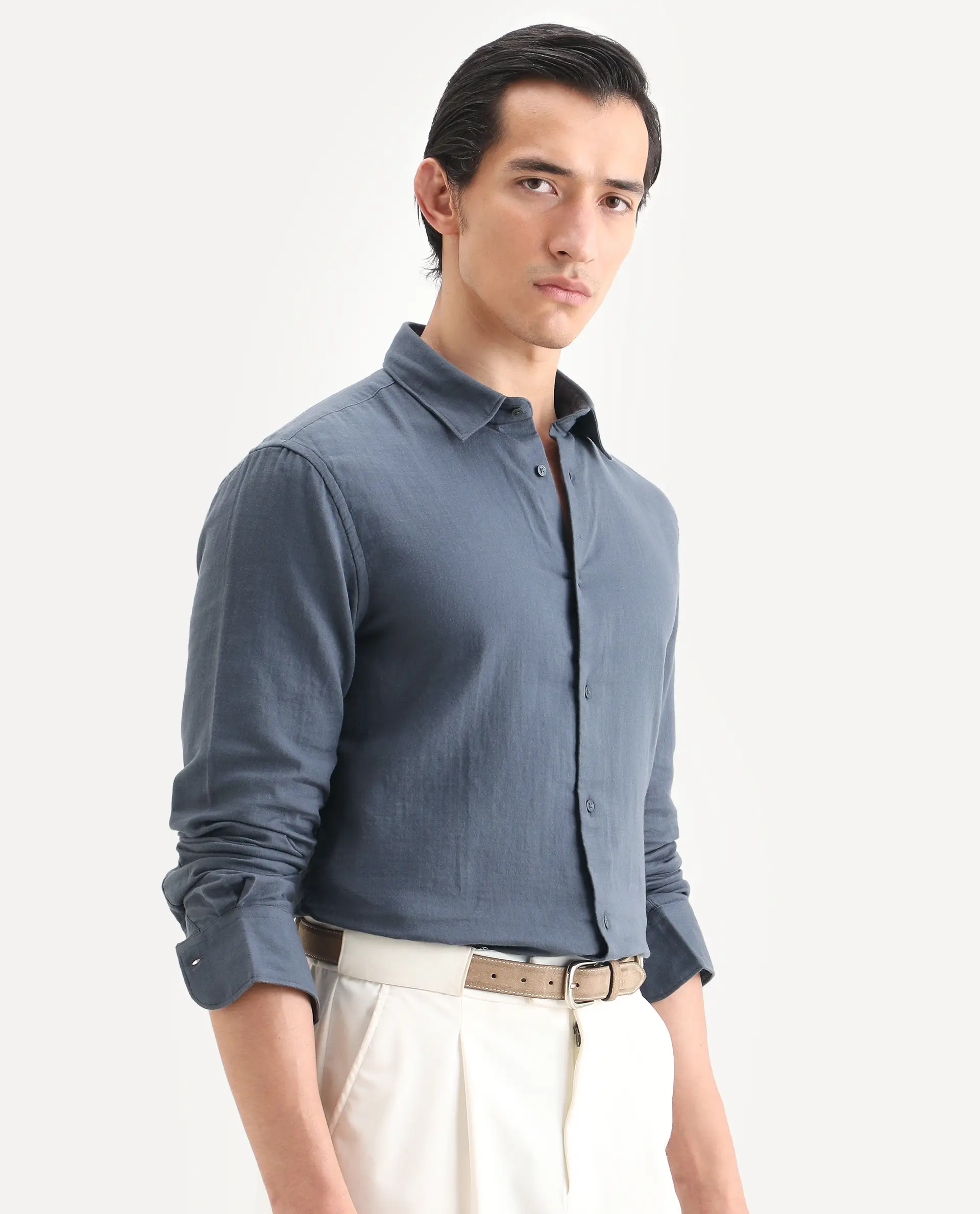 Rare Rabbit Men's Layerr-Ls Dusky Blue Cotton Fabric Full Sleeve Spread Collar Regular Fit Plain Shirt - Image 6