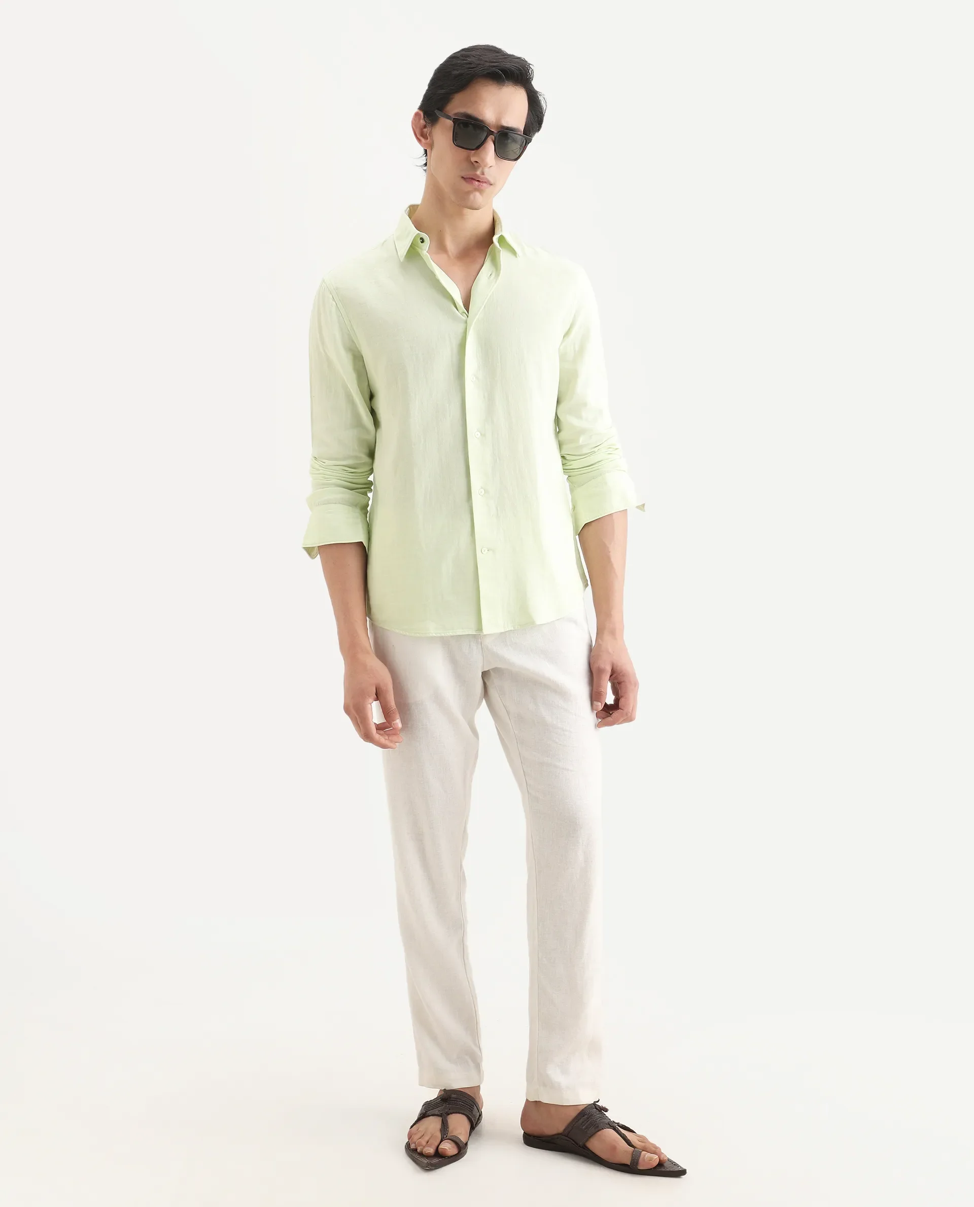Rare Rabbit Men's Layerr-Ls Dusky Green Cotton Fabric Full Sleeve Spread Collar Regular Fit Plain Shirt - Image 2