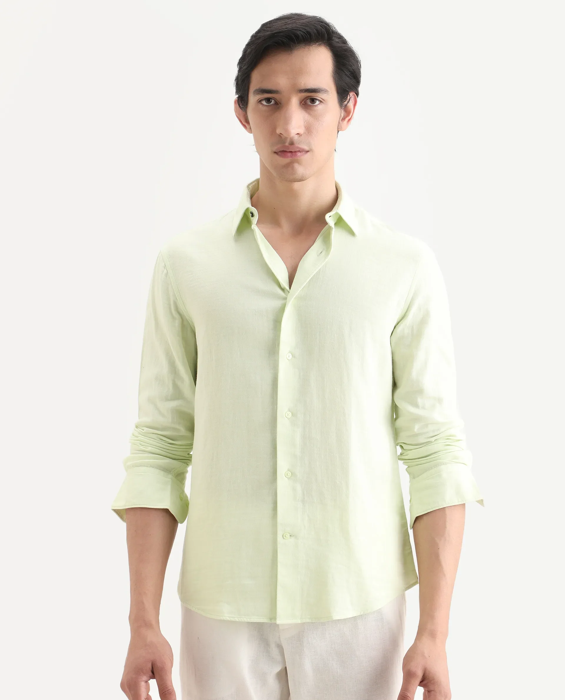 Rare Rabbit Men's Layerr-Ls Dusky Green Cotton Fabric Full Sleeve Spread Collar Regular Fit Plain Shirt - Image 3