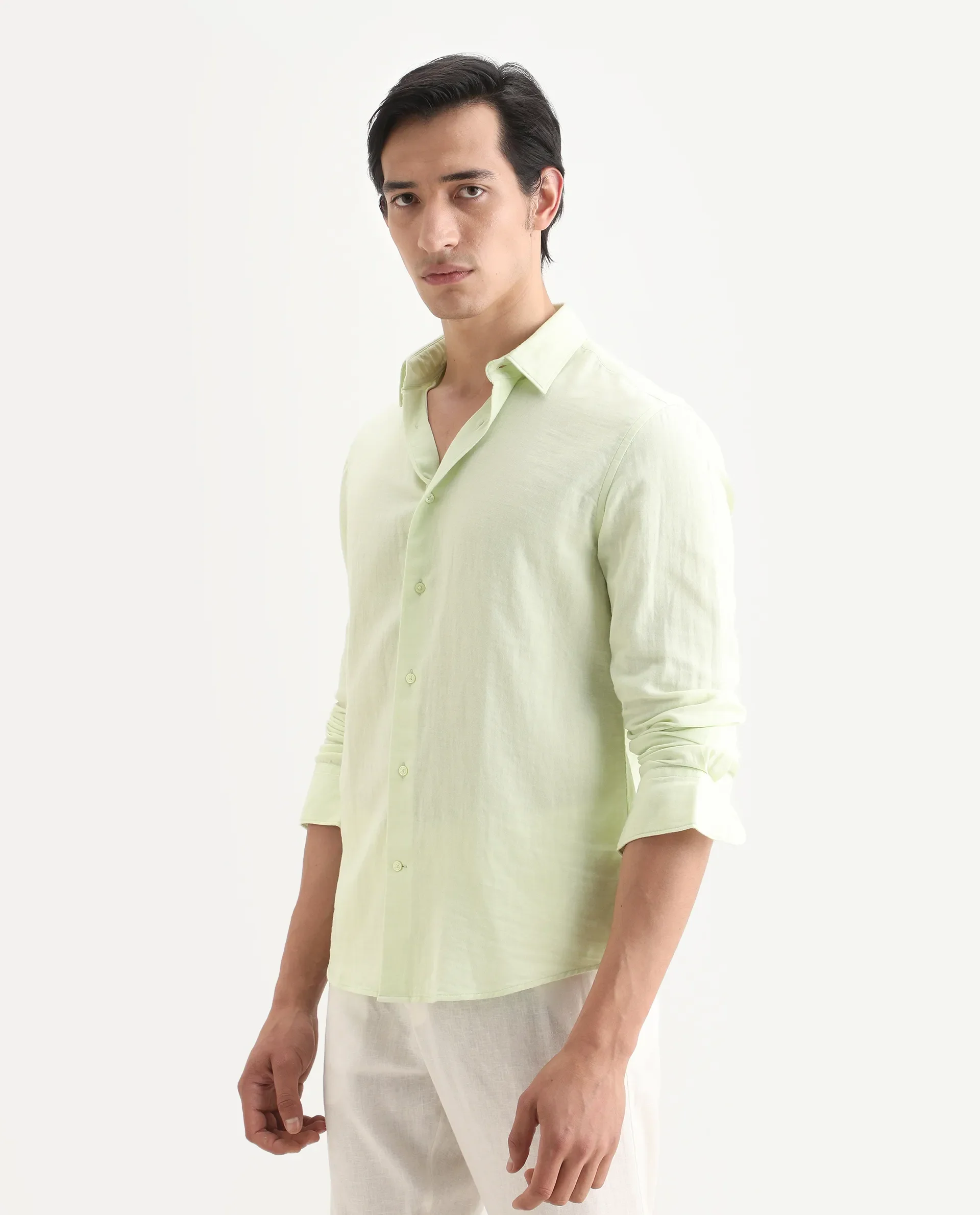 Rare Rabbit Men's Layerr-Ls Dusky Green Cotton Fabric Full Sleeve Spread Collar Regular Fit Plain Shirt - Image 4