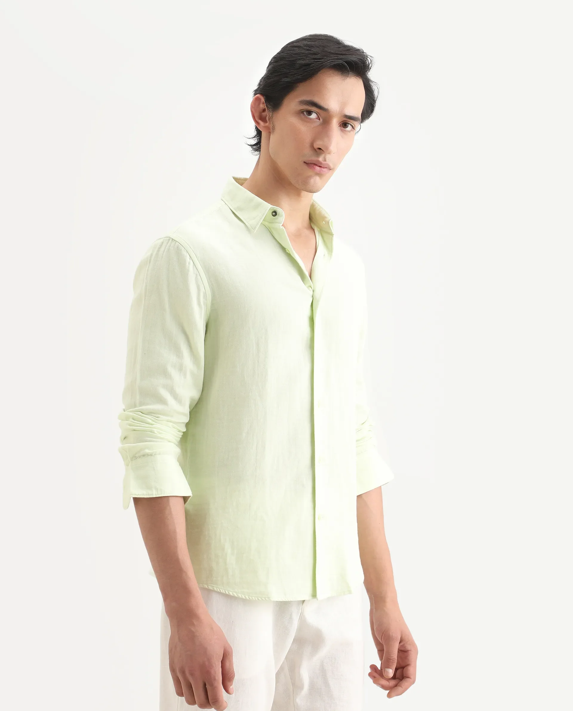 Rare Rabbit Men's Layerr-Ls Dusky Green Cotton Fabric Full Sleeve Spread Collar Regular Fit Plain Shirt - Image 5