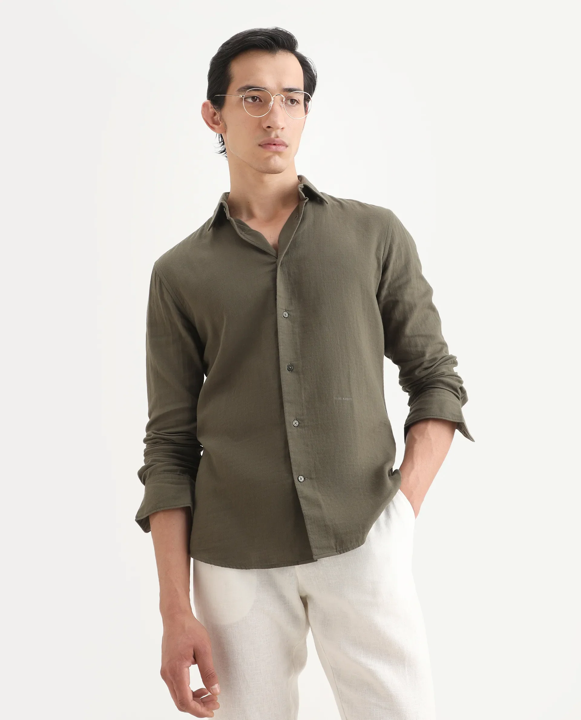 Rare Rabbit Men's Layerr-Ls Olive Cotton Plain Regular Fit Full Sleeve Collared Shirt