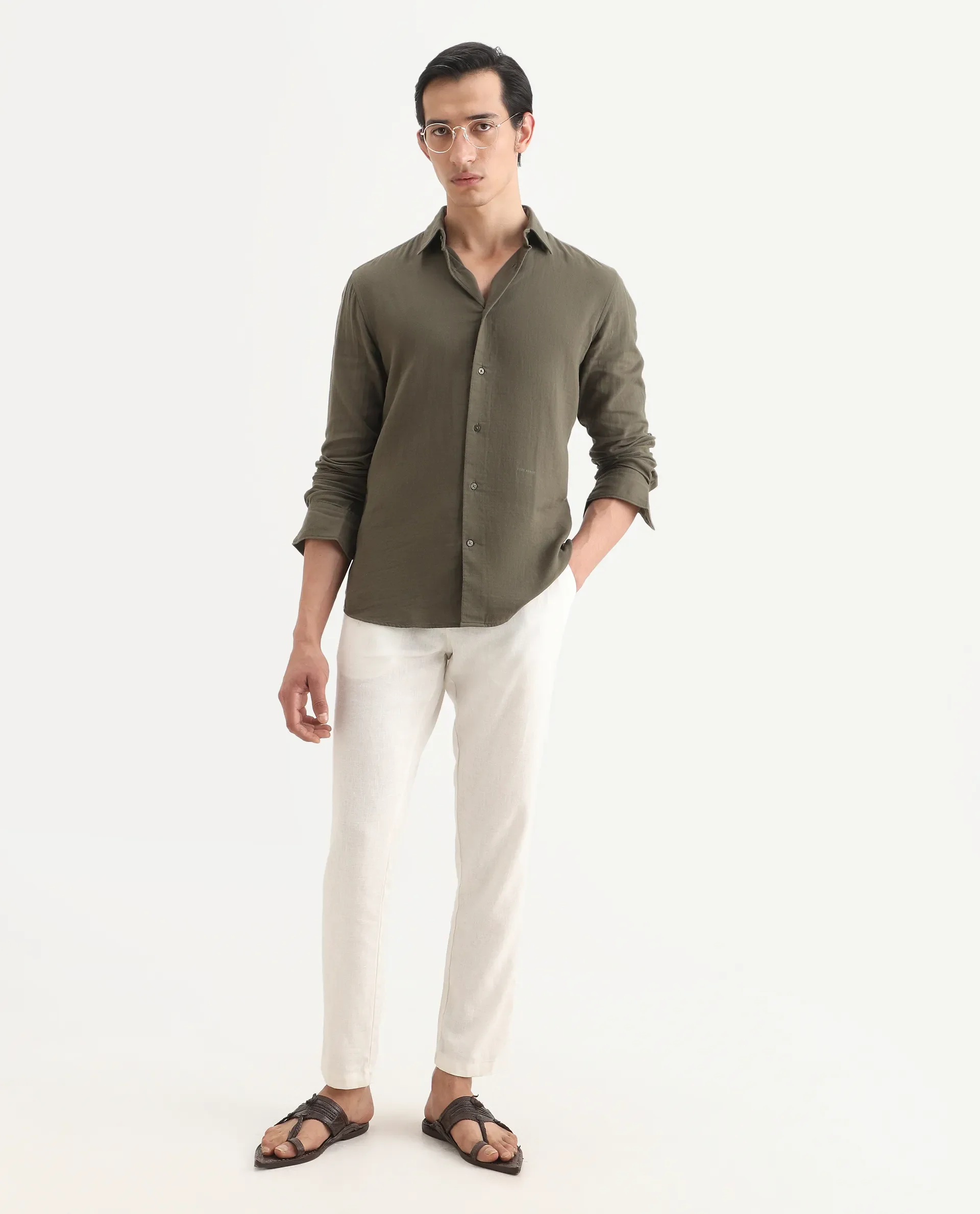 Rare Rabbit Men's Layerr-Ls Olive Cotton Plain Regular Fit Full Sleeve Collared Shirt - Image 2
