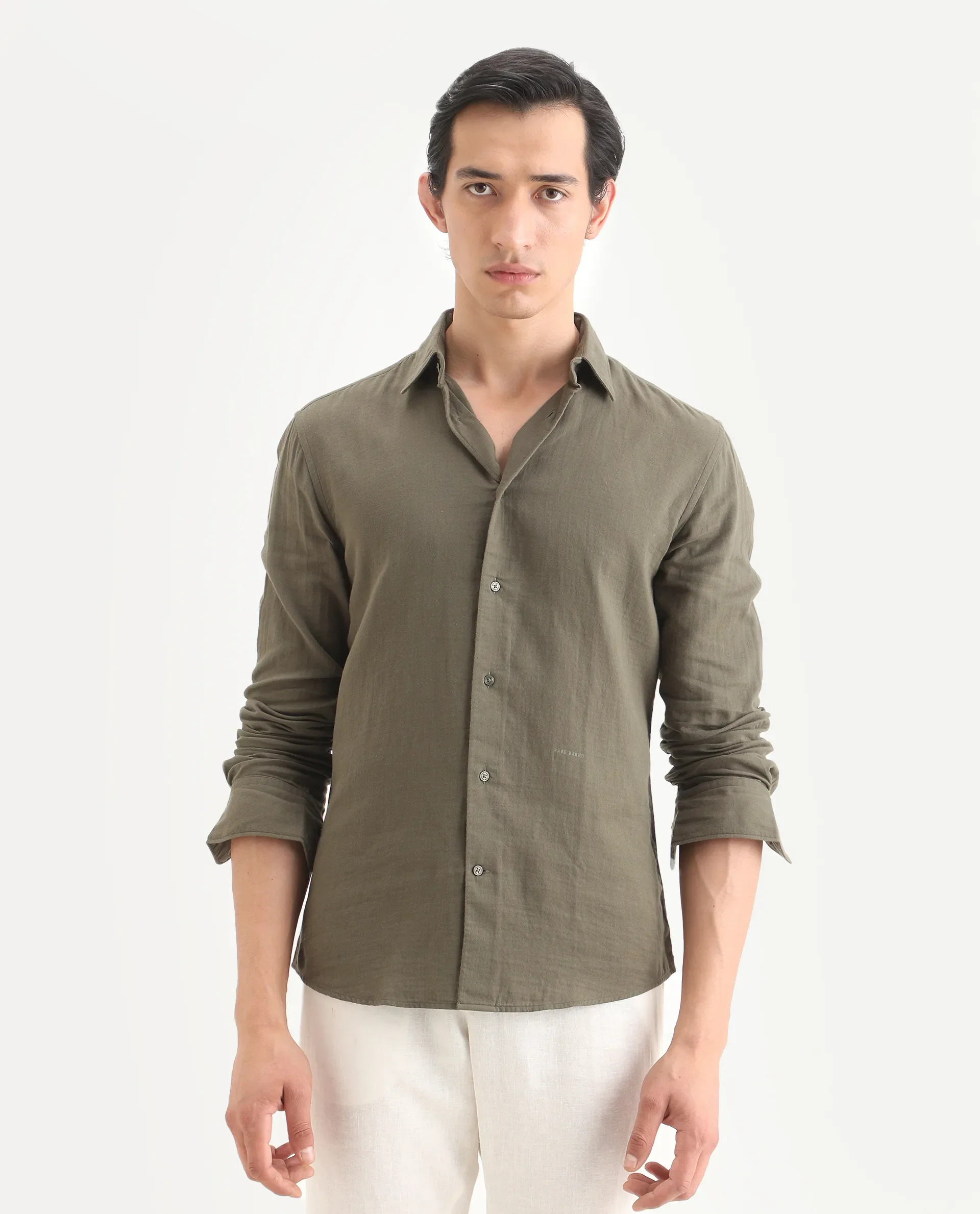 Rare Rabbit Men's Layerr-Ls Olive Cotton Plain Regular Fit Full Sleeve Collared Shirt - Image 3