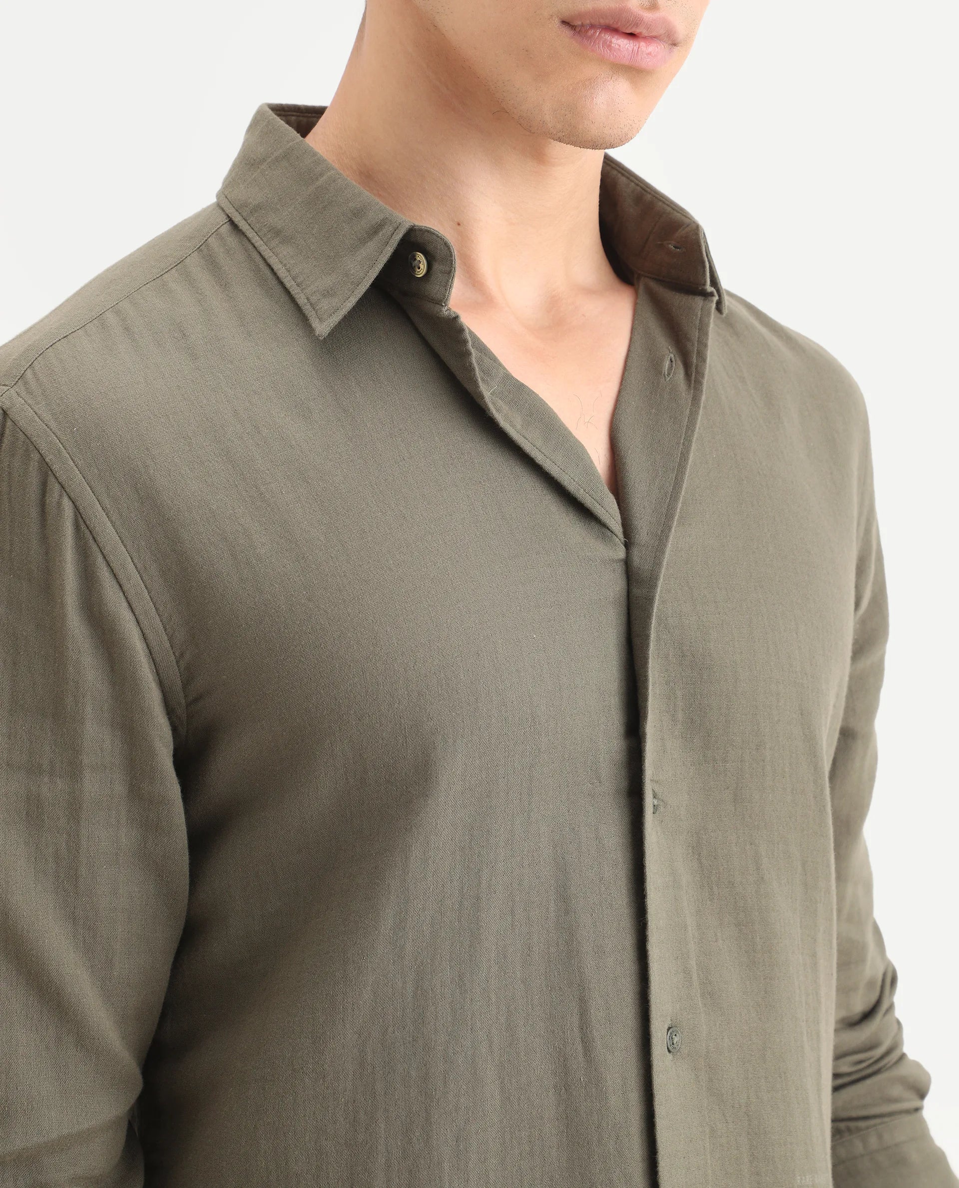 Rare Rabbit Men's Layerr-Ls Olive Cotton Plain Regular Fit Full Sleeve Collared Shirt - Image 4