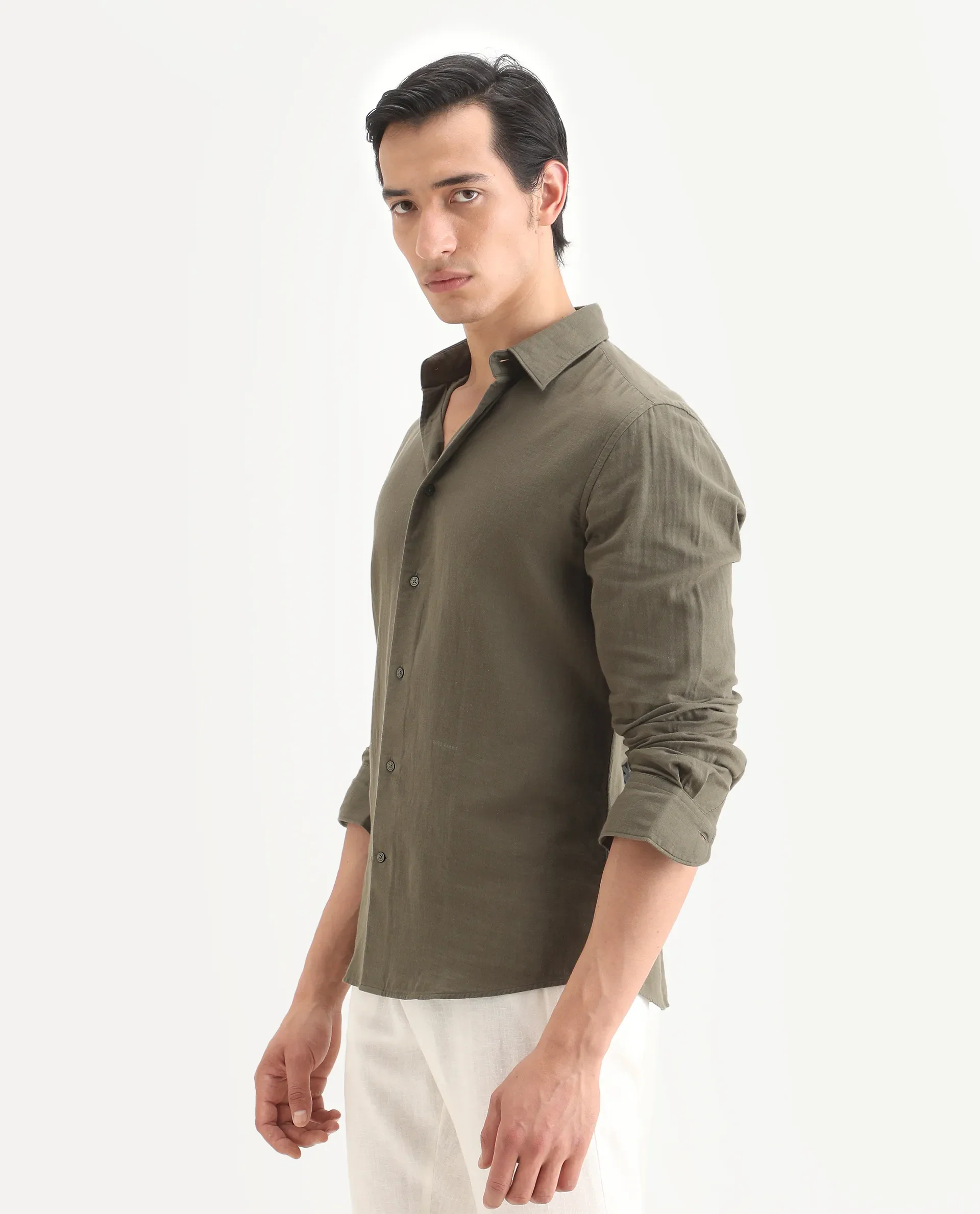 Rare Rabbit Men's Layerr-Ls Olive Cotton Plain Regular Fit Full Sleeve Collared Shirt - Image 5