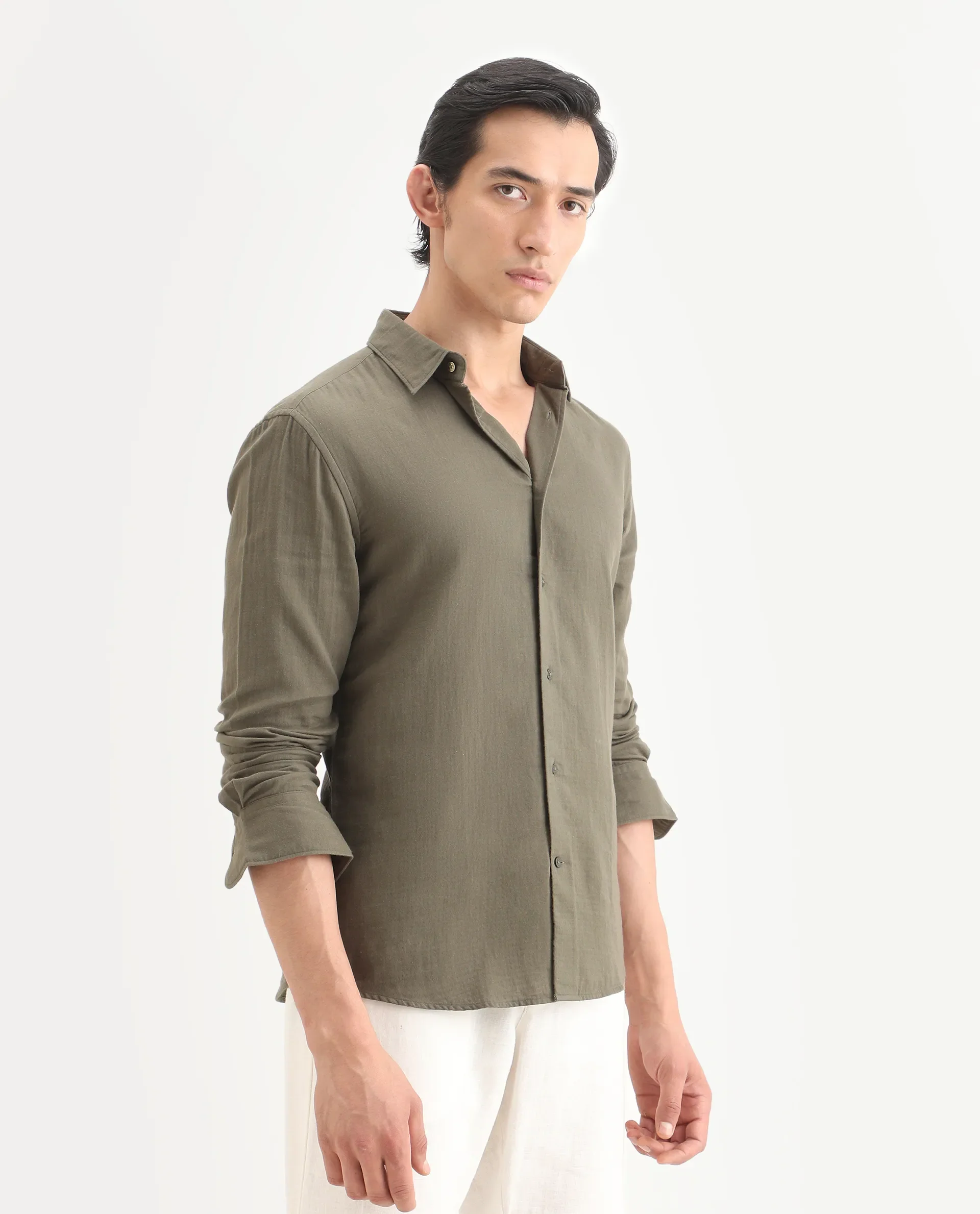 Rare Rabbit Men's Layerr-Ls Olive Cotton Plain Regular Fit Full Sleeve Collared Shirt - Image 6