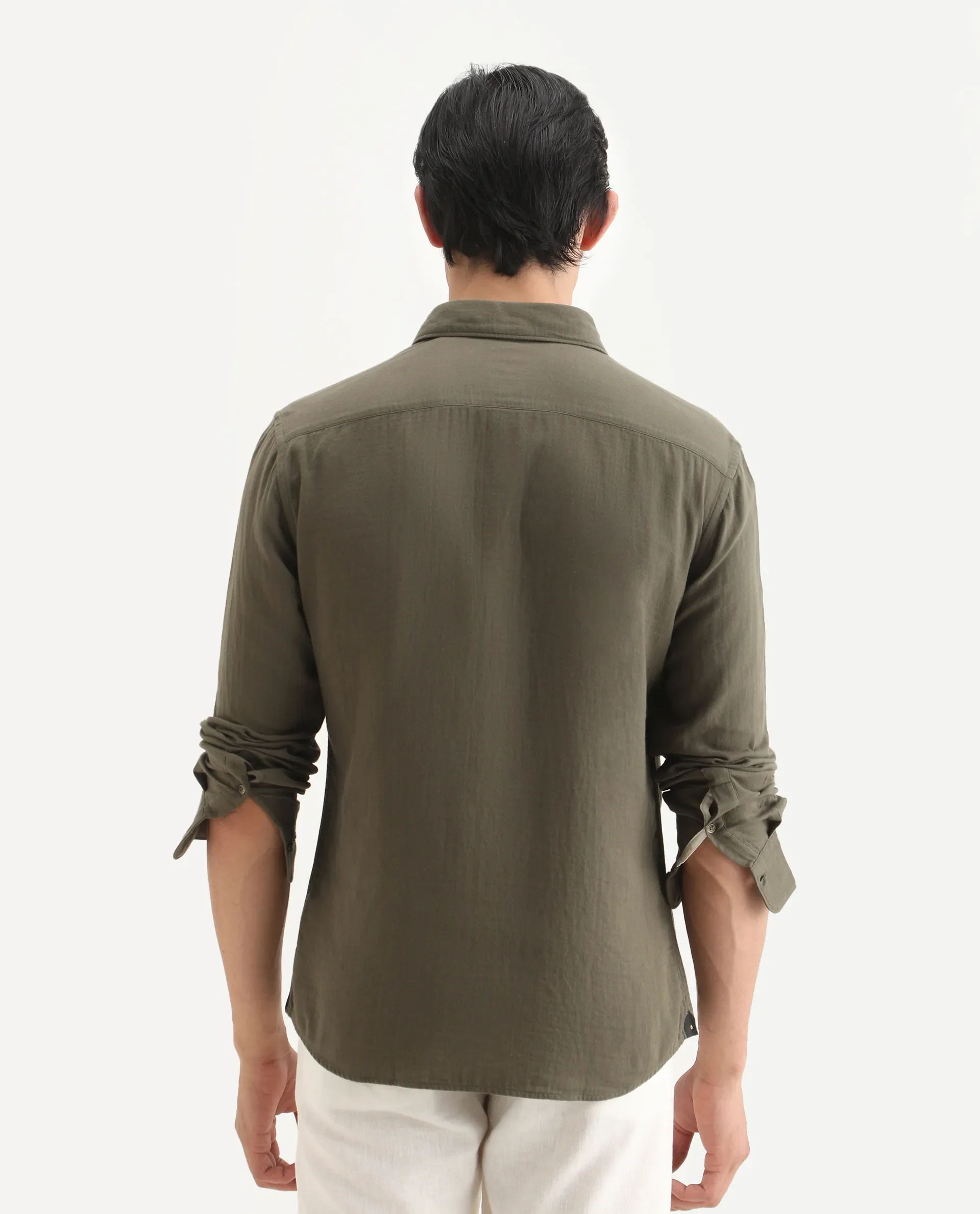 Rare Rabbit Men's Layerr-Ls Olive Cotton Plain Regular Fit Full Sleeve Collared Shirt - Image 7