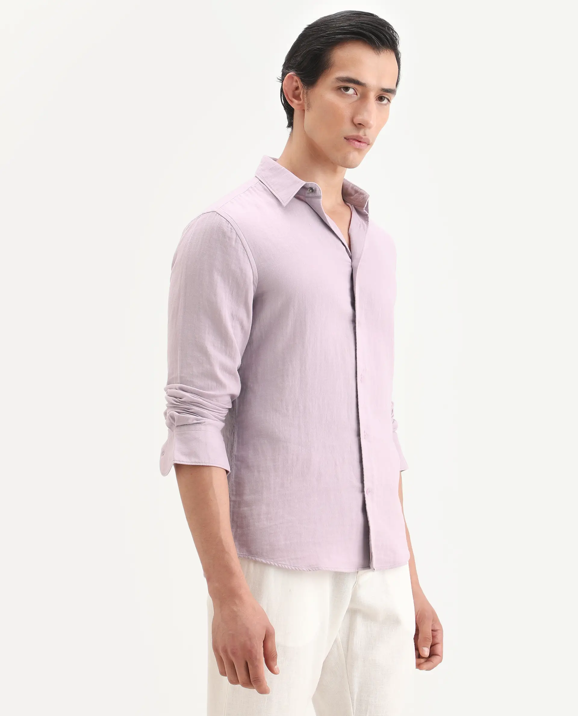 Rare Rabbit Men's Layerr-Ls Pastel Purple Cotton Fabric Full Sleeve Spread Collar Regular Fit Plain Shirt - Image 4