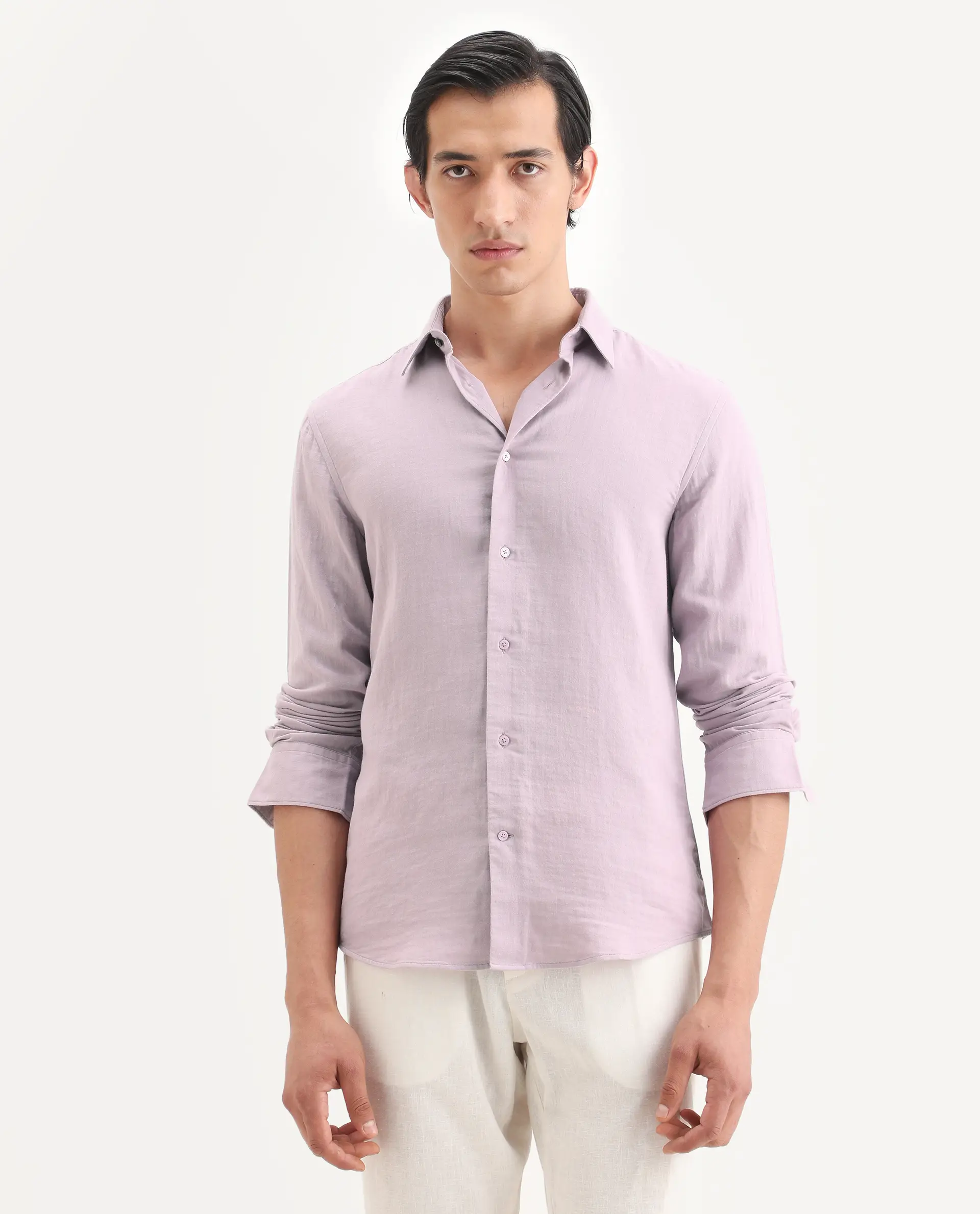 Rare Rabbit Men's Layerr-Ls Pastel Purple Cotton Fabric Full Sleeve Spread Collar Regular Fit Plain Shirt - Image 6