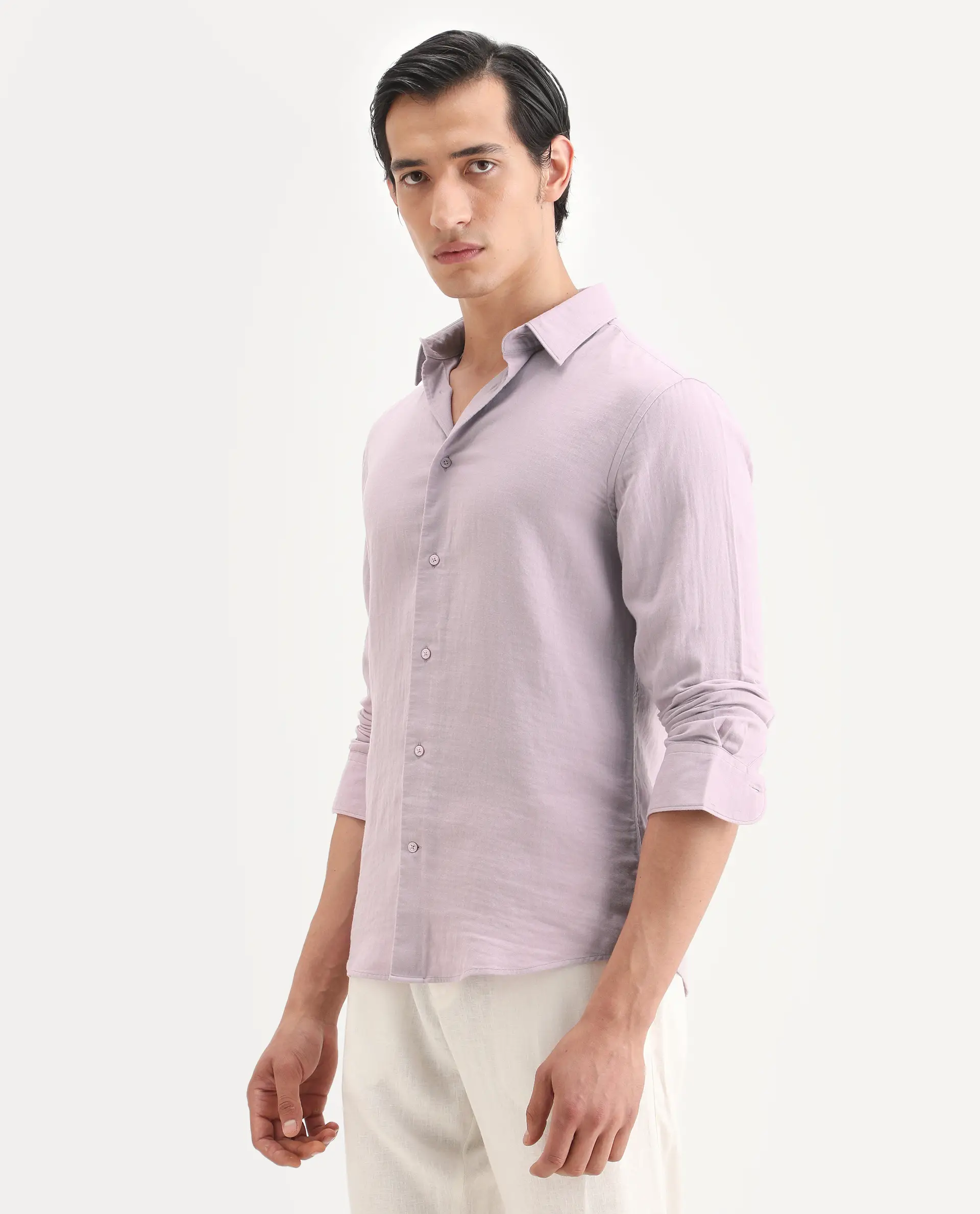 Rare Rabbit Men's Layerr-Ls Pastel Purple Cotton Fabric Full Sleeve Spread Collar Regular Fit Plain Shirt - Image 7