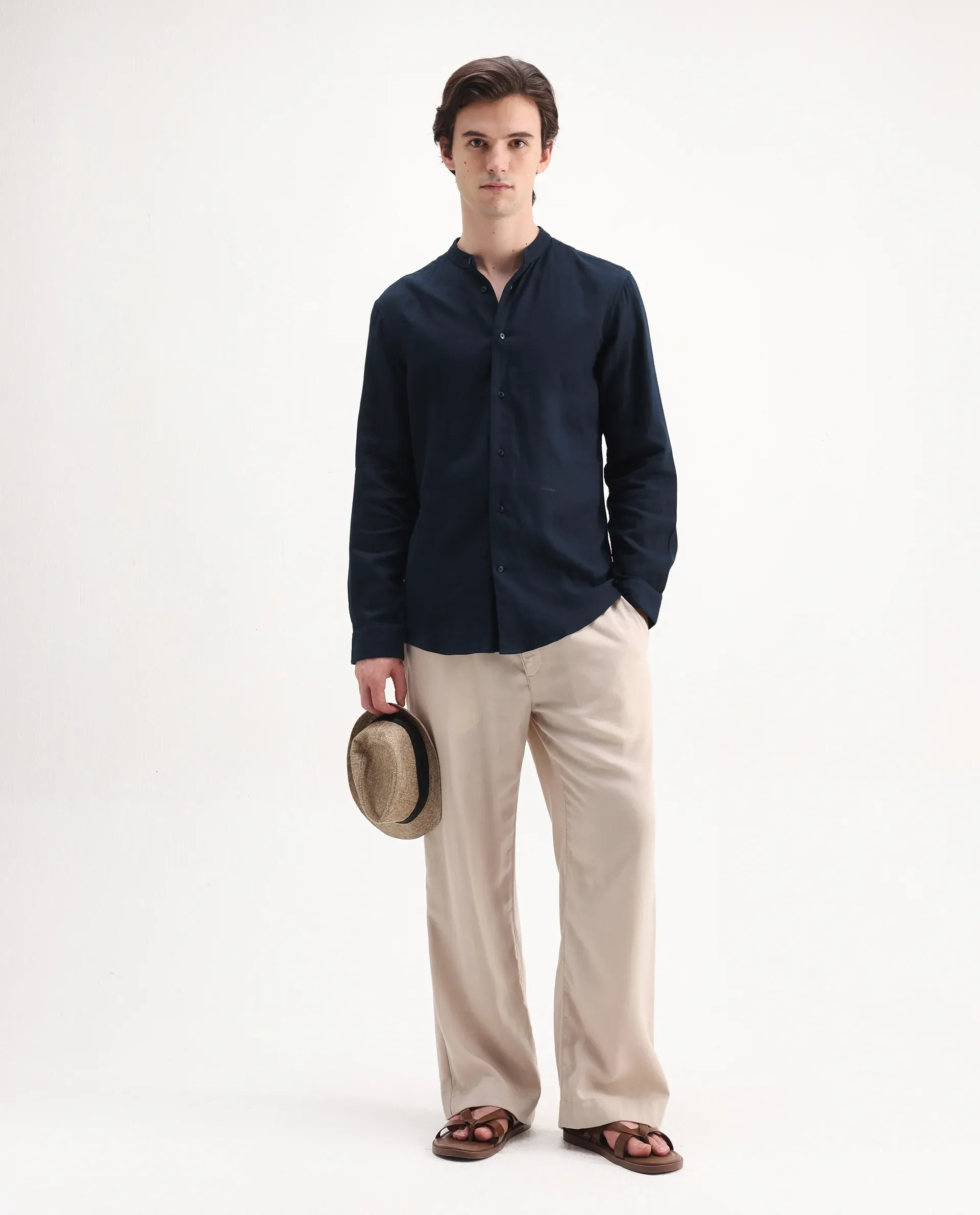 Rare Rabbit Men's Layerr-Md-26 Navy Cotton Plain Regular Fit Full Sleeve Mandarin Collar Shirt - Image 2
