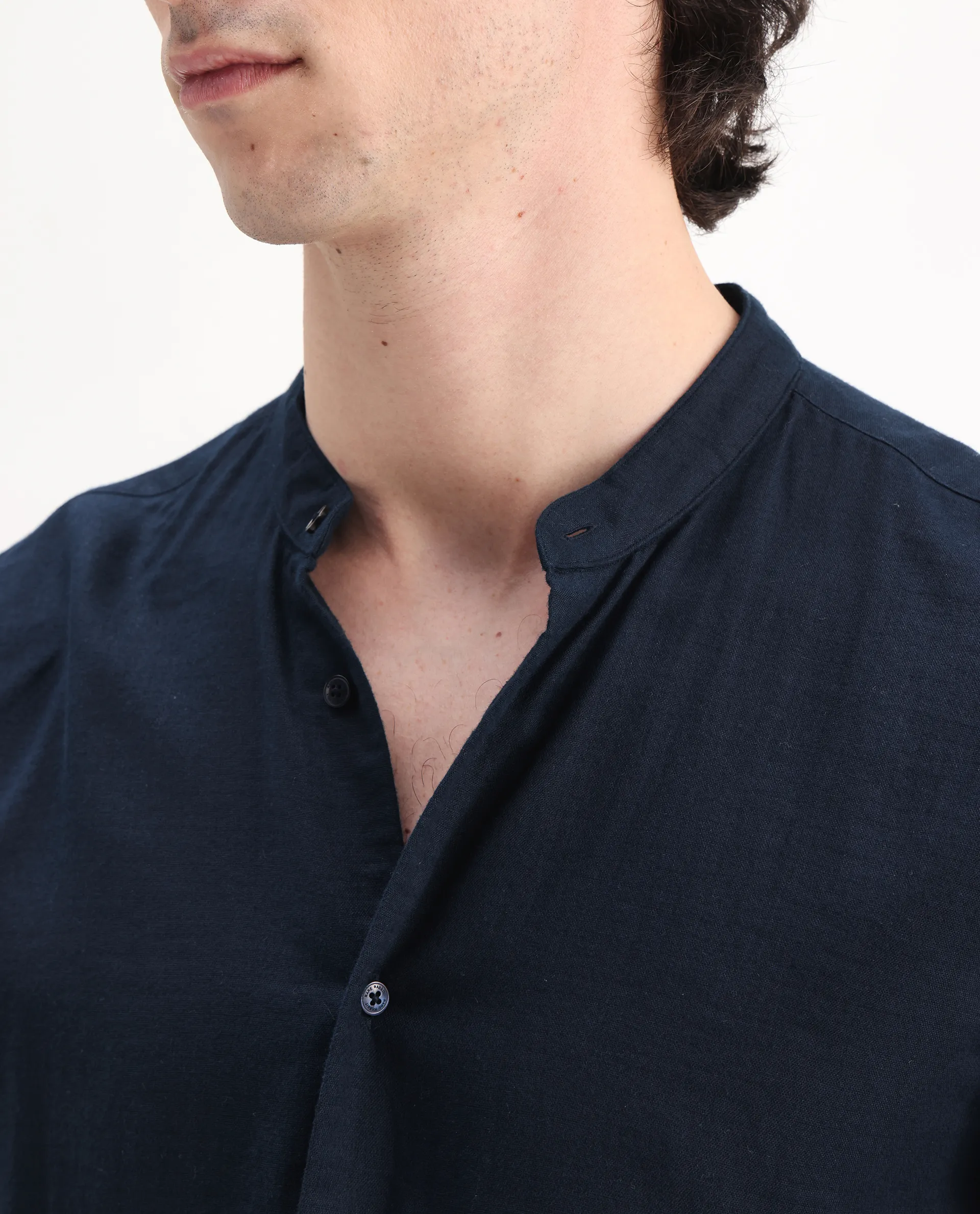 Rare Rabbit Men's Layerr-Md-26 Navy Cotton Plain Regular Fit Full Sleeve Mandarin Collar Shirt - Image 3