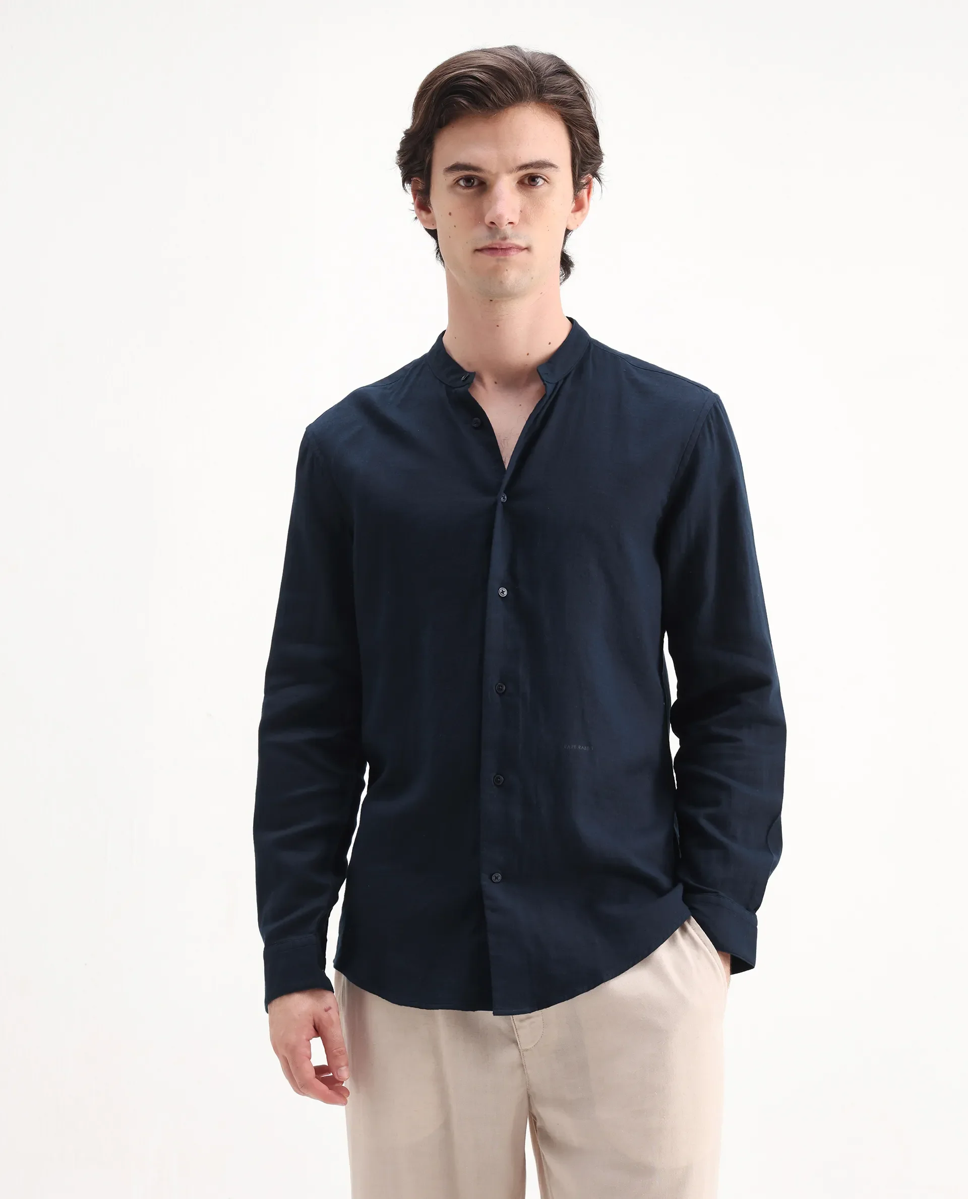 Rare Rabbit Men's Layerr-Md-26 Navy Cotton Plain Regular Fit Full Sleeve Mandarin Collar Shirt - Image 4
