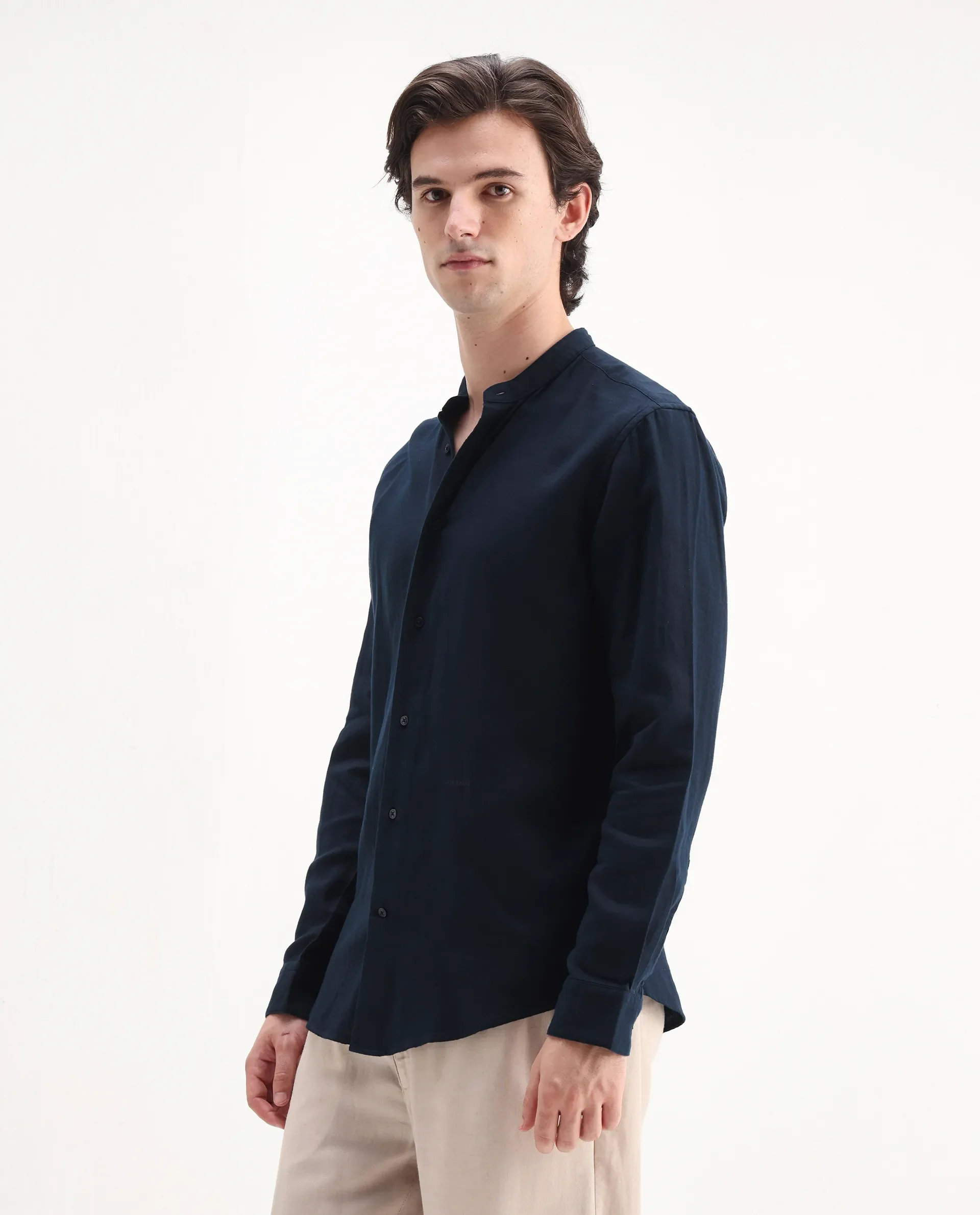 Rare Rabbit Men's Layerr-Md-26 Navy Cotton Plain Regular Fit Full Sleeve Mandarin Collar Shirt - Image 5