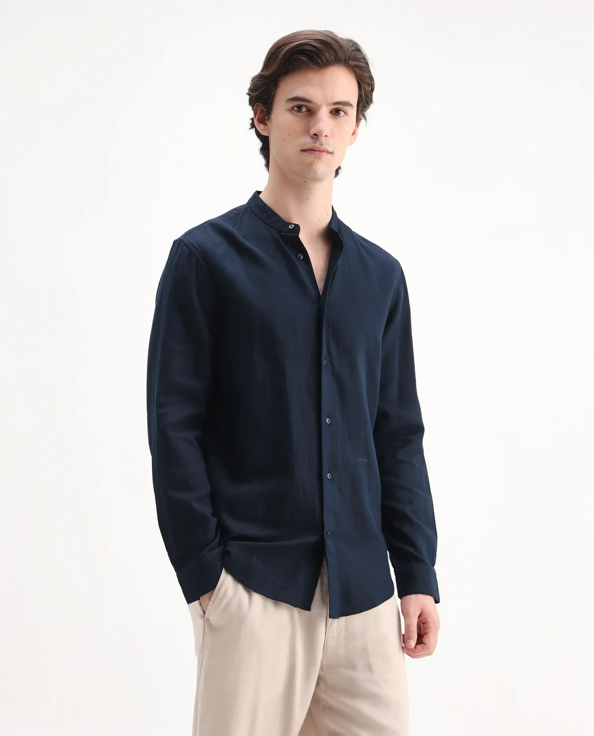 Rare Rabbit Men's Layerr-Md-26 Navy Cotton Plain Regular Fit Full Sleeve Mandarin Collar Shirt - Image 6
