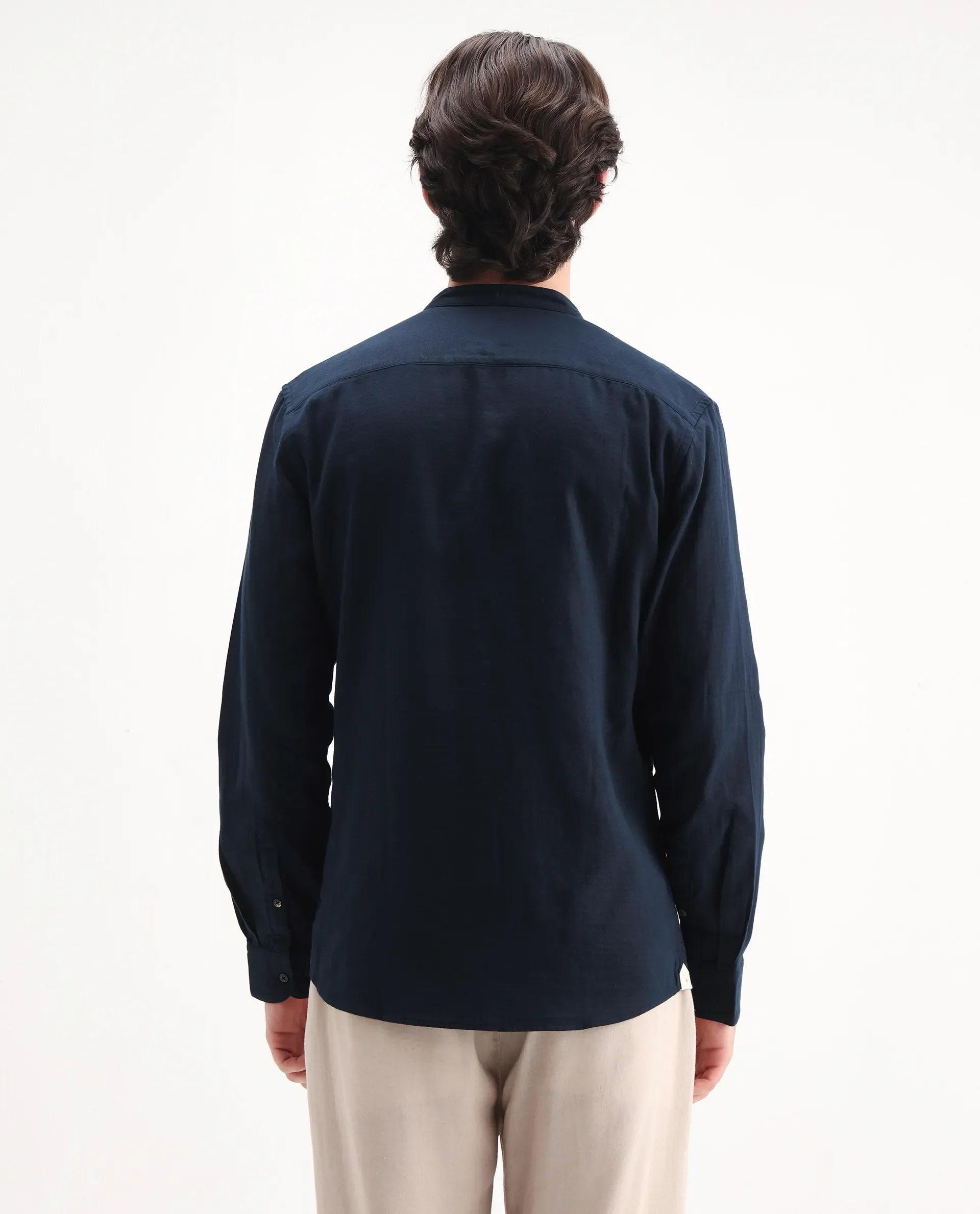 Rare Rabbit Men's Layerr-Md-26 Navy Cotton Plain Regular Fit Full Sleeve Mandarin Collar Shirt - Image 7