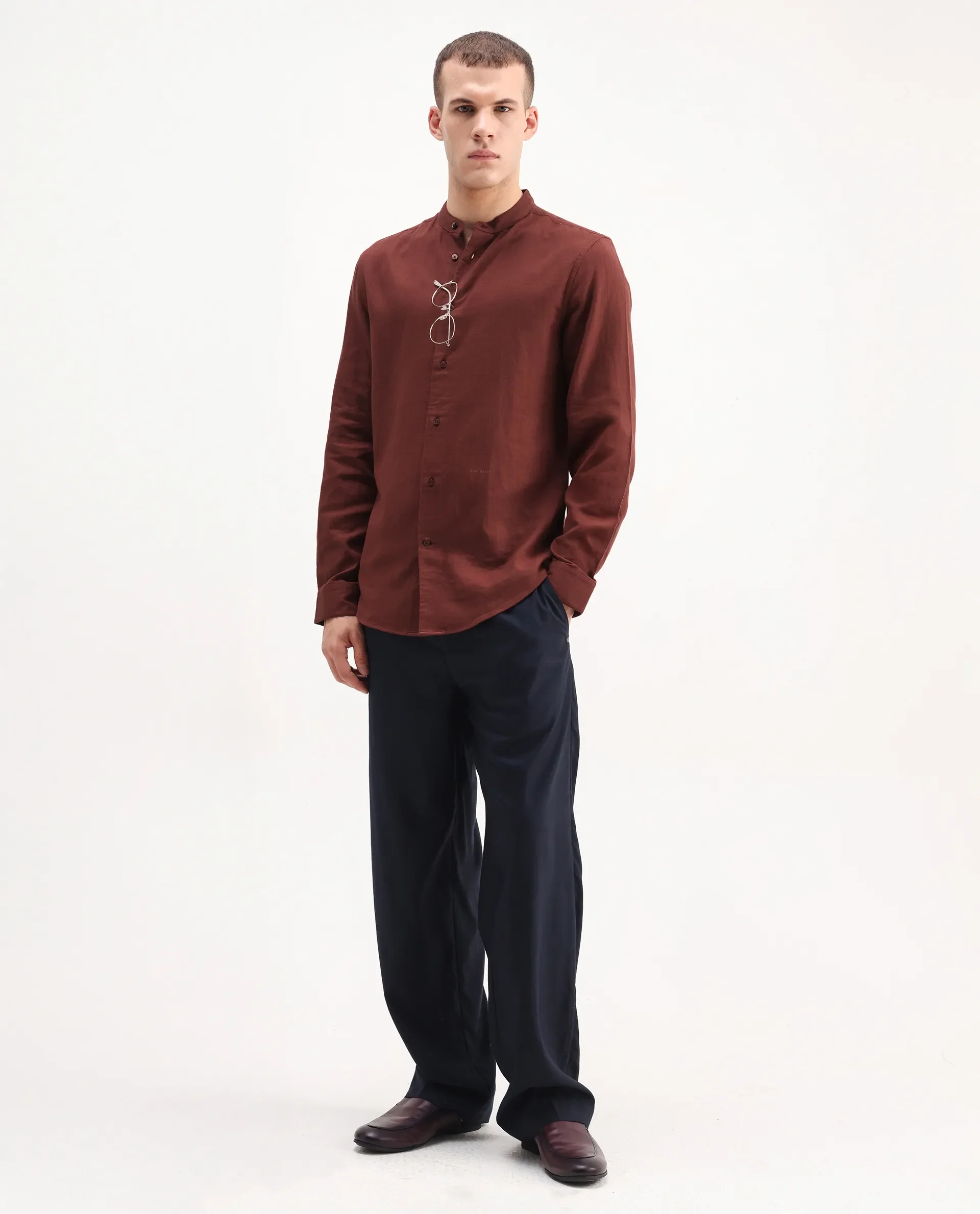 Rare Rabbit Men's Layerr-Md-26 Rust Cotton Plain Regular Fit Full Sleeve Mandarin Collar Shirt - Image 2