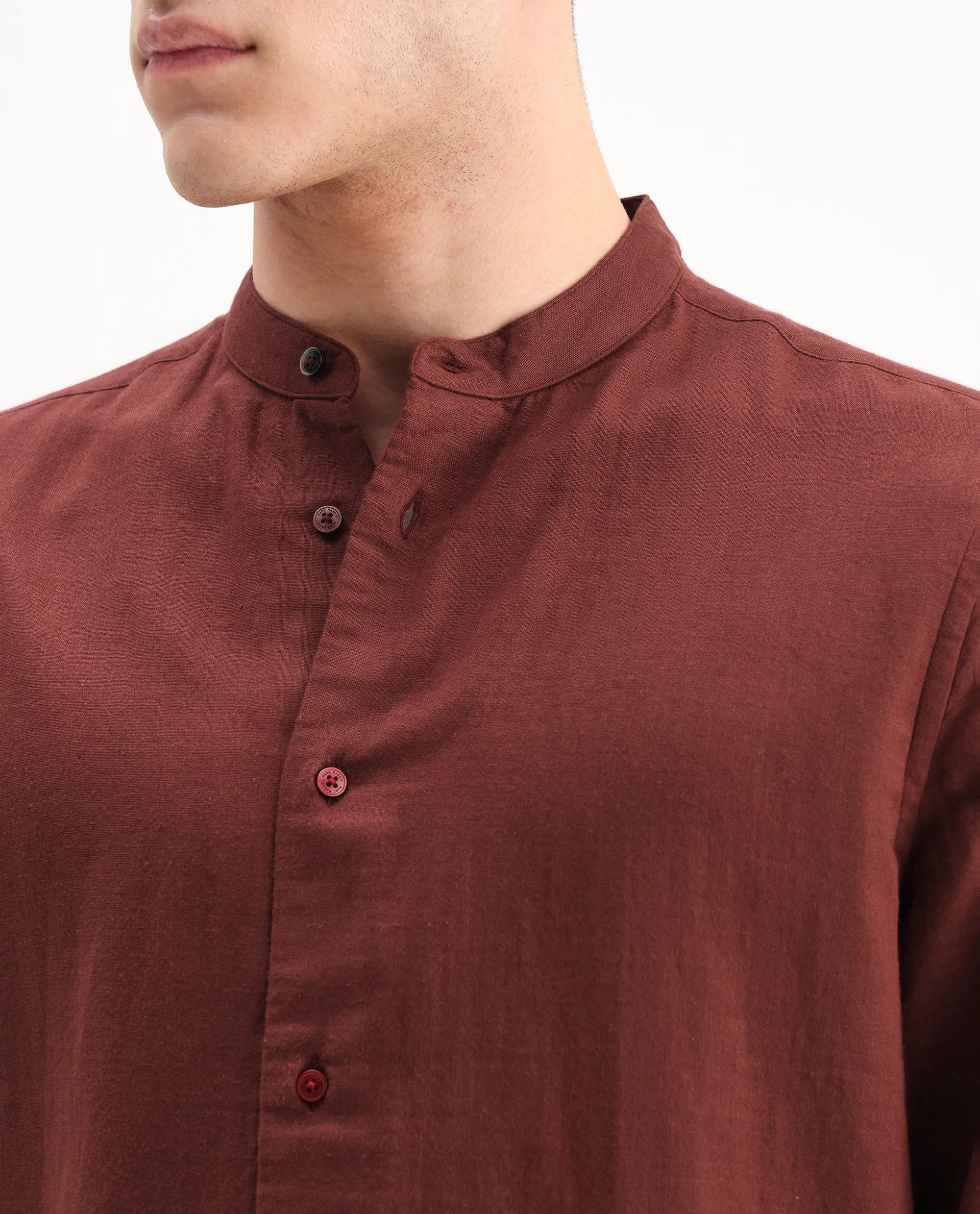 Rare Rabbit Men's Layerr-Md-26 Rust Cotton Plain Regular Fit Full Sleeve Mandarin Collar Shirt - Image 3