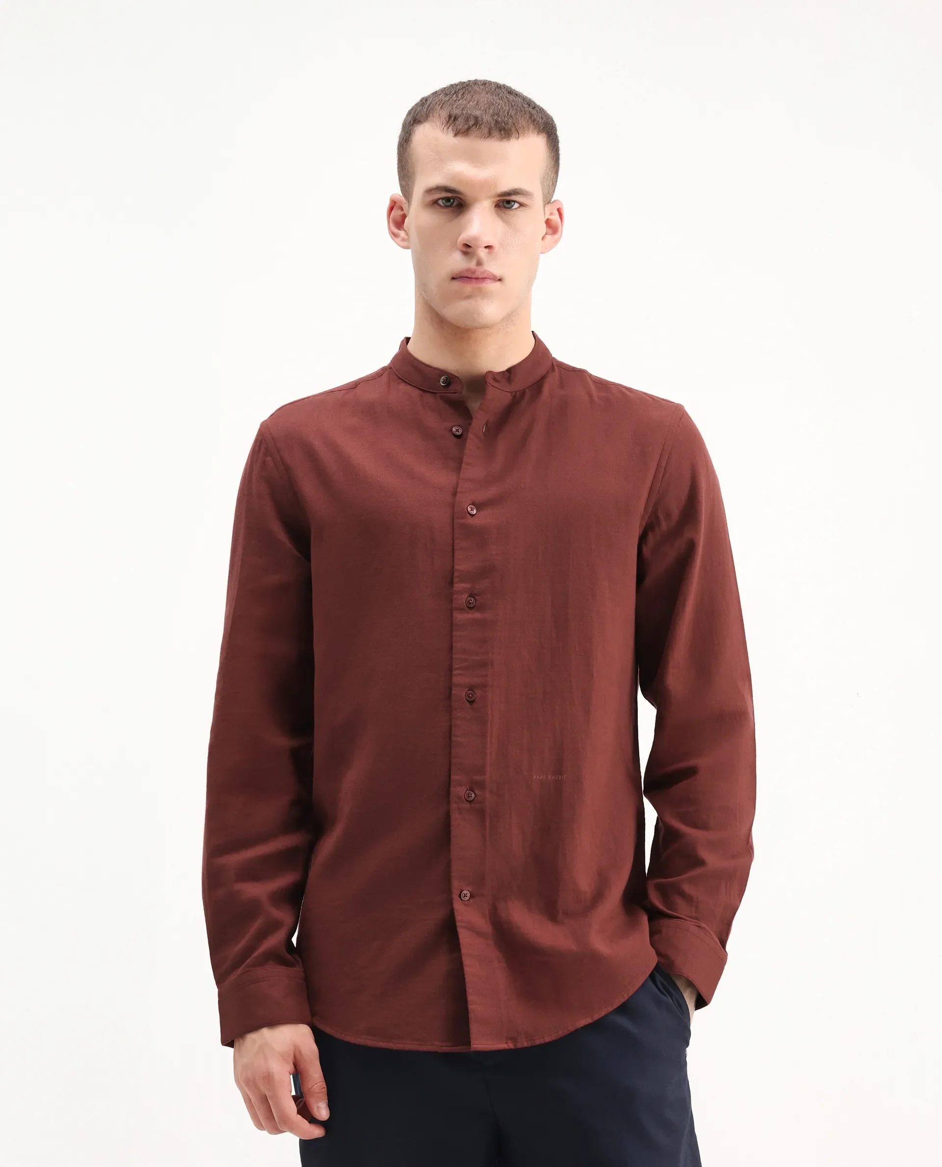 Rare Rabbit Men's Layerr-Md-26 Rust Cotton Plain Regular Fit Full Sleeve Mandarin Collar Shirt - Image 4