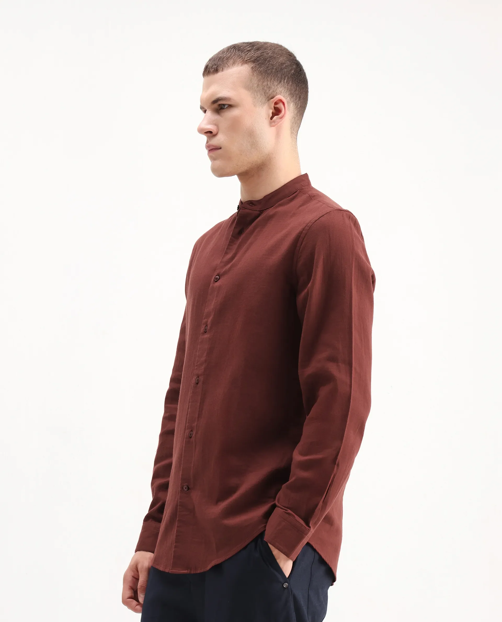 Rare Rabbit Men's Layerr-Md-26 Rust Cotton Plain Regular Fit Full Sleeve Mandarin Collar Shirt - Image 5