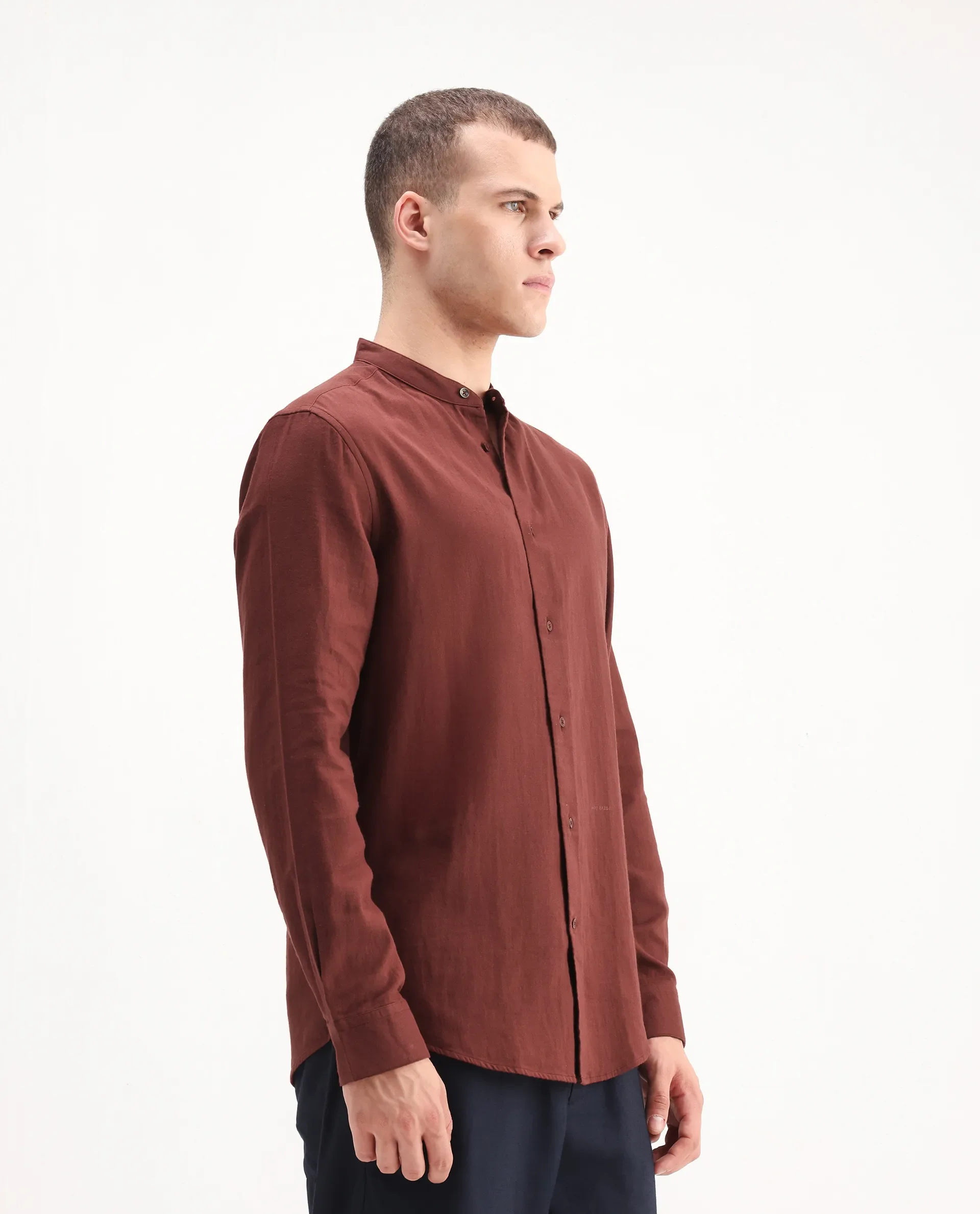 Rare Rabbit Men's Layerr-Md-26 Rust Cotton Plain Regular Fit Full Sleeve Mandarin Collar Shirt - Image 6