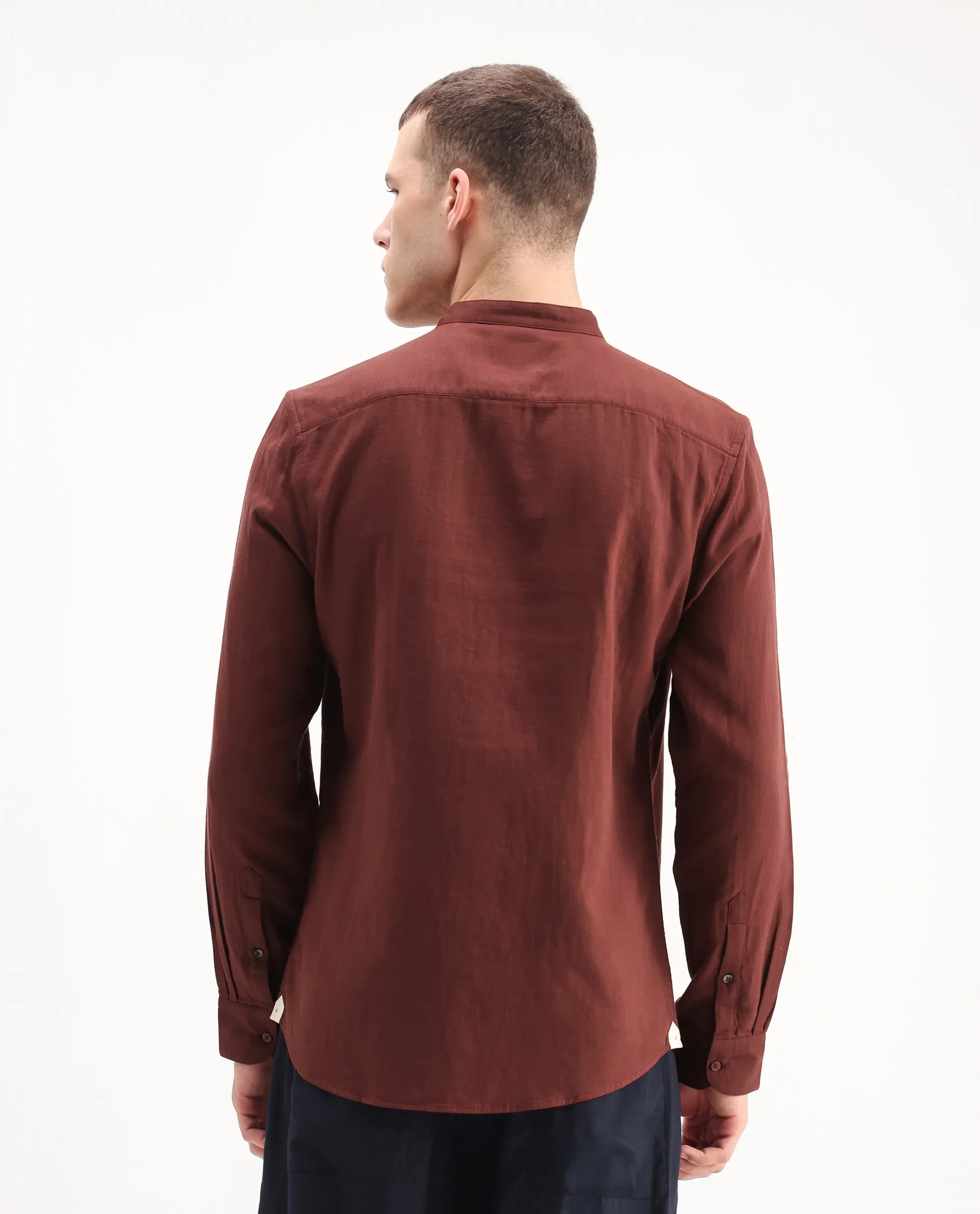Rare Rabbit Men's Layerr-Md-26 Rust Cotton Plain Regular Fit Full Sleeve Mandarin Collar Shirt - Image 7