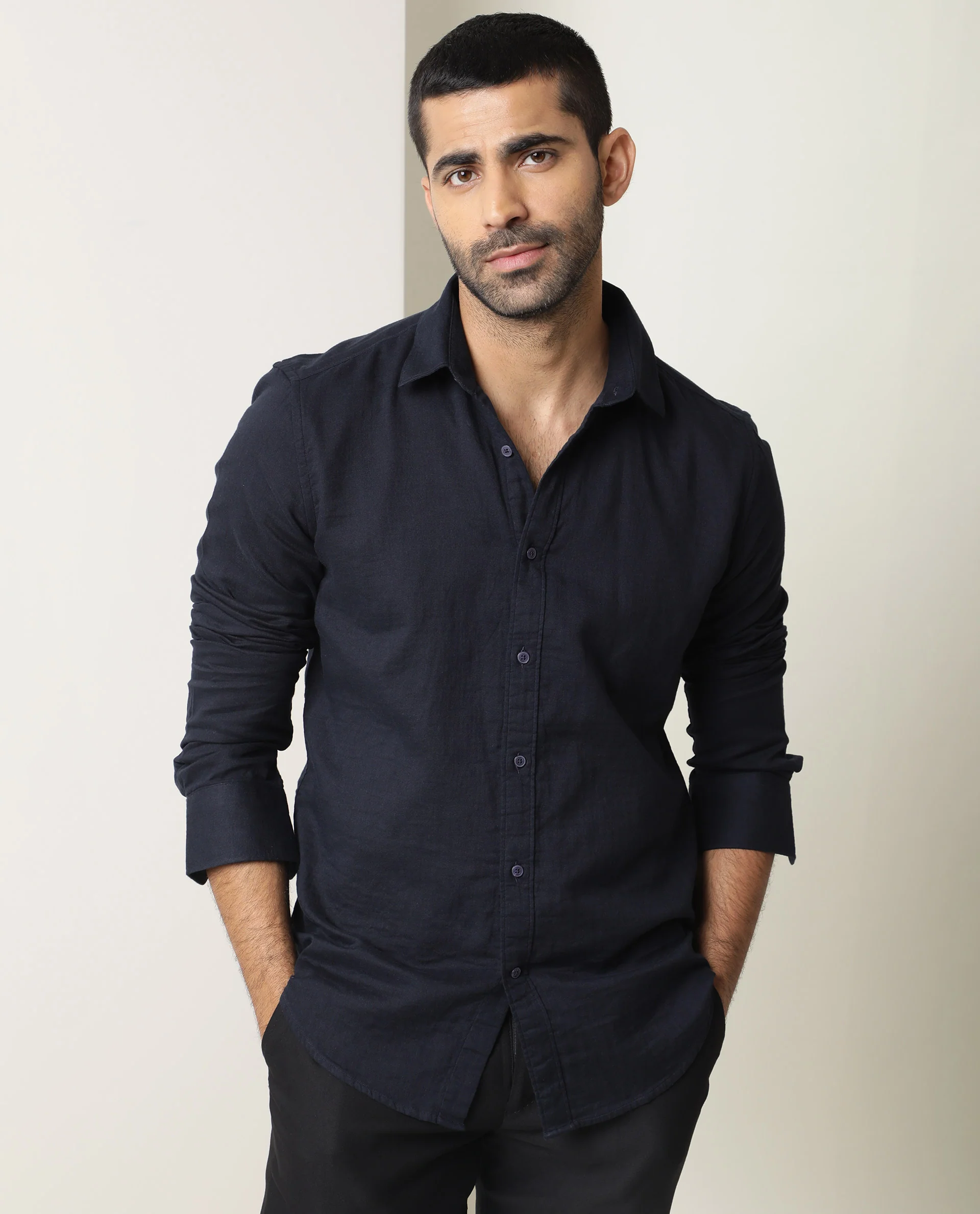 Rare Rabbit Men's Layerr Dark Navy Cotton Plain Regular Fit Full Sleeve Spread Collar Shirt - Image 2