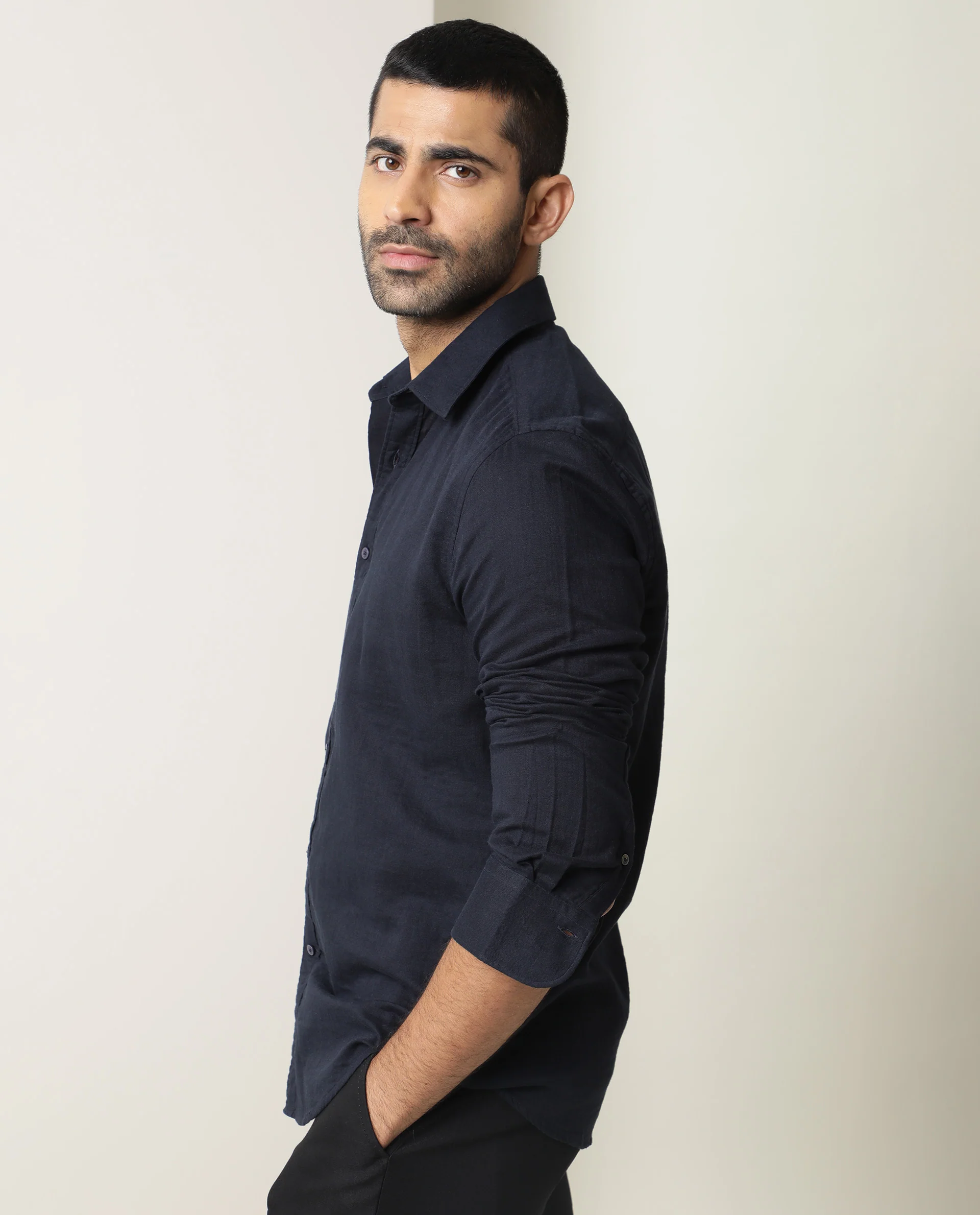 Rare Rabbit Men's Layerr Dark Navy Cotton Plain Regular Fit Full Sleeve Spread Collar Shirt - Image 4