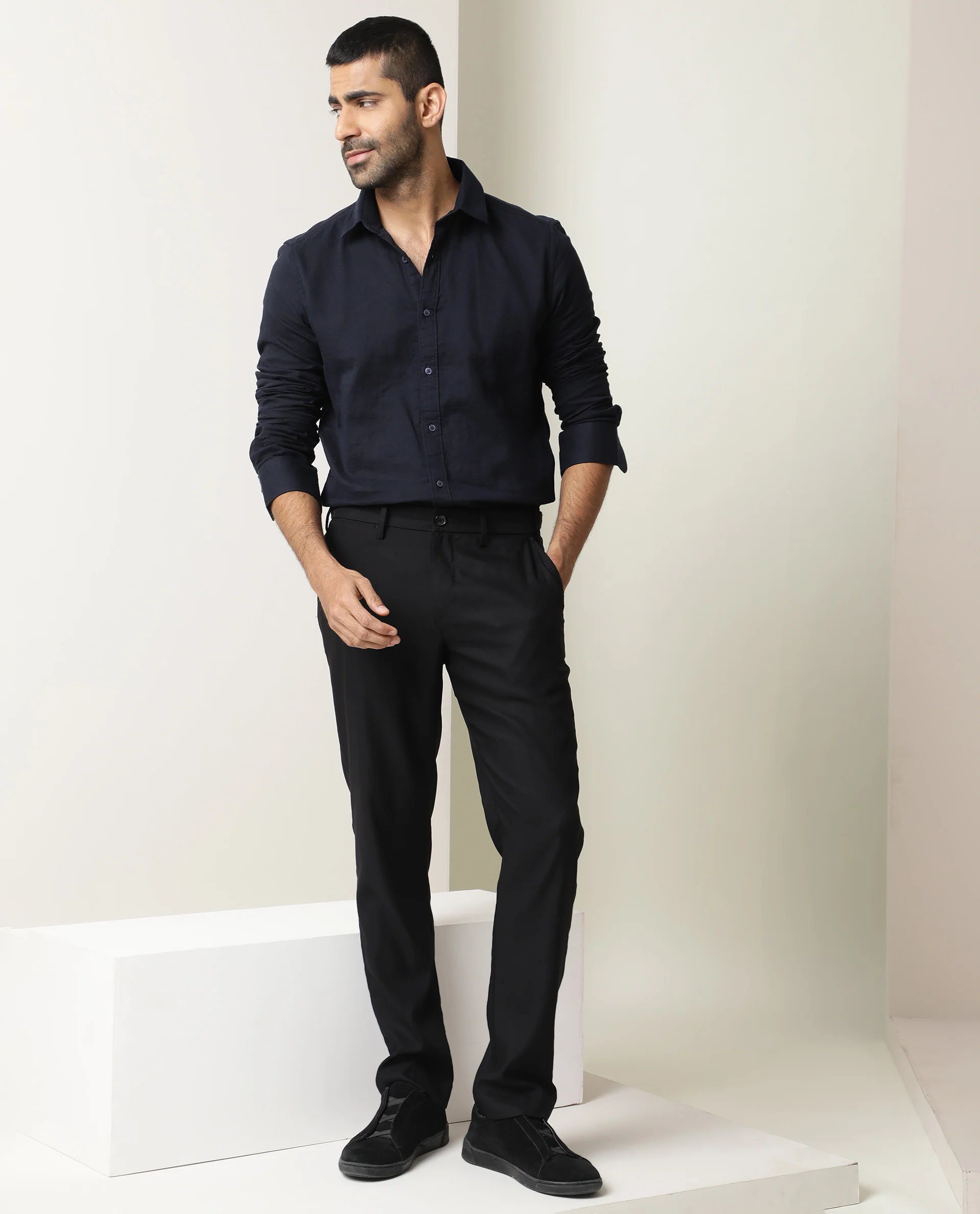 Rare Rabbit Men's Layerr Dark Navy Cotton Plain Regular Fit Full Sleeve Spread Collar Shirt - Image 5