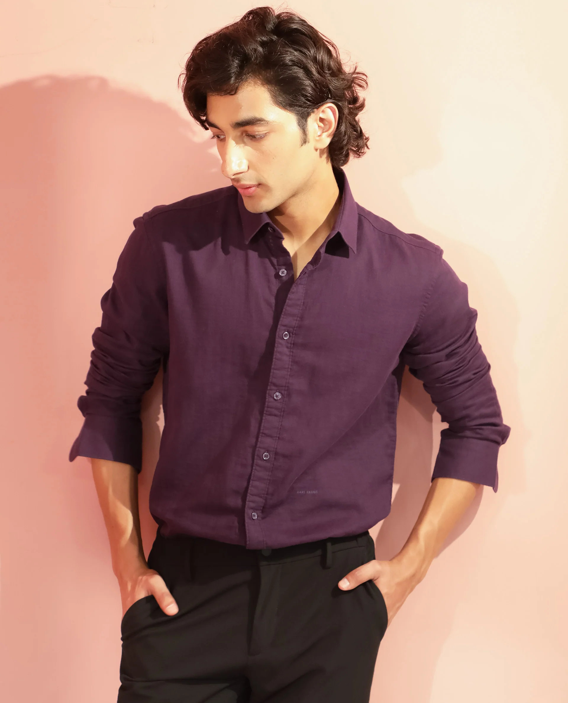 Rare Rabbit Men's Layerr Purple Plain Regular Fit Full Sleeve Spread Collar Shirt - Image 11