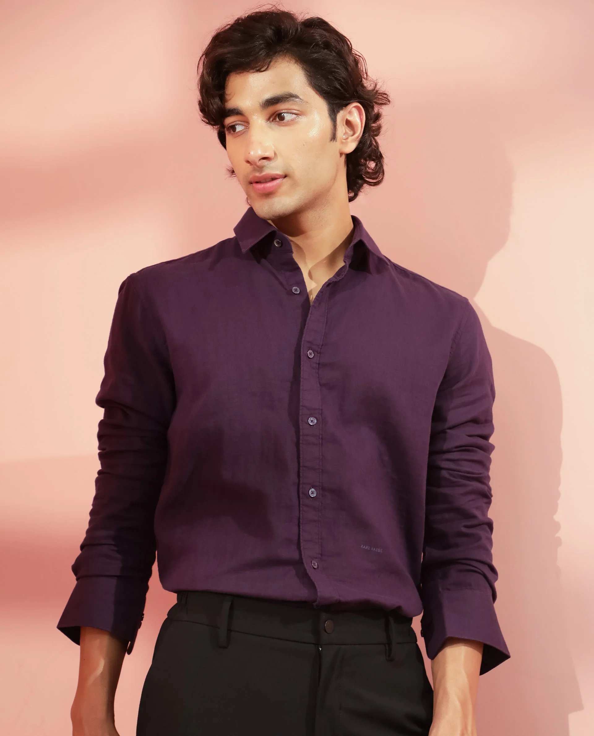 Rare Rabbit Men's Layerr Purple Plain Regular Fit Full Sleeve Spread Collar Shirt - Image 12