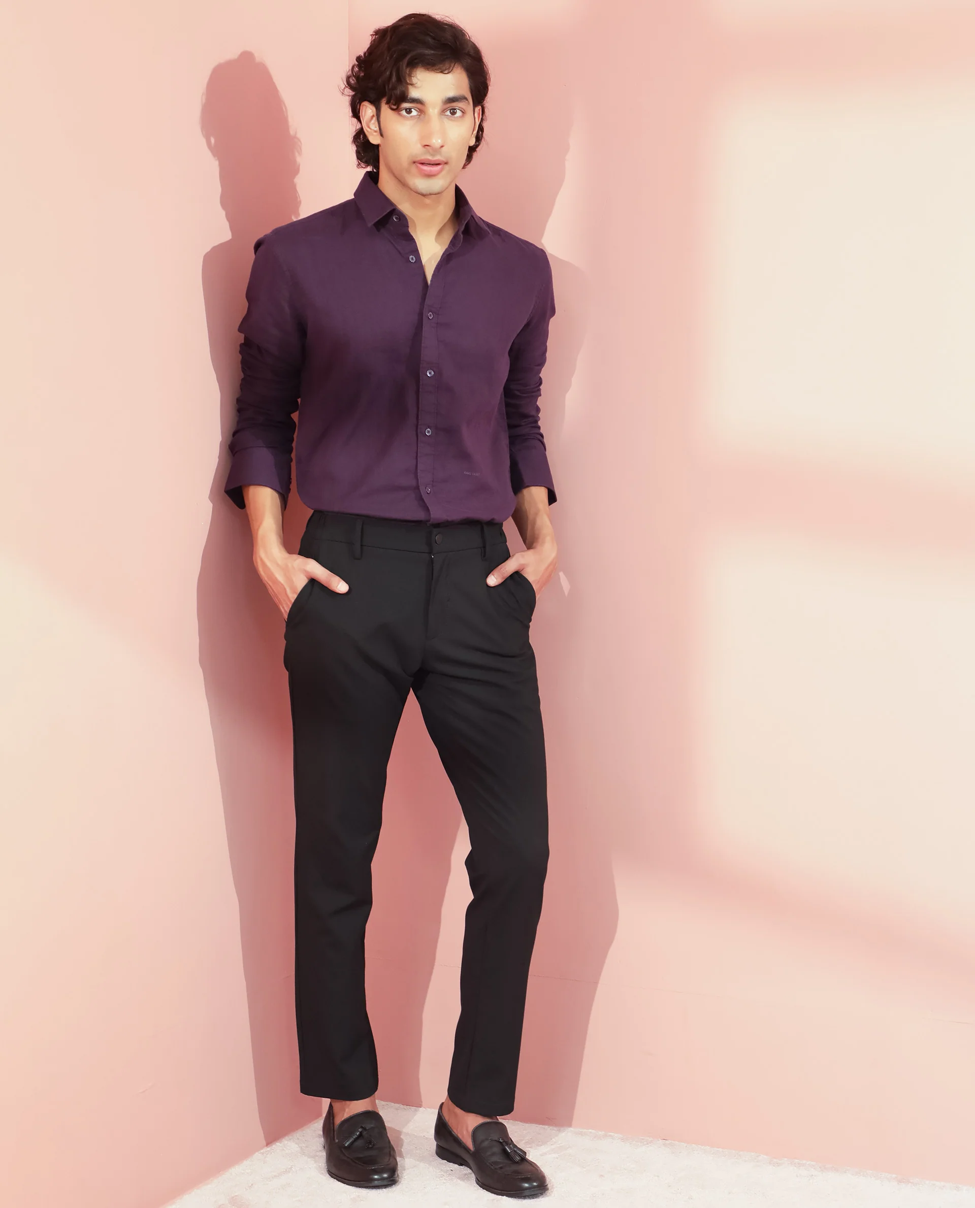 Rare Rabbit Men's Layerr Purple Plain Regular Fit Full Sleeve Spread Collar Shirt - Image 2