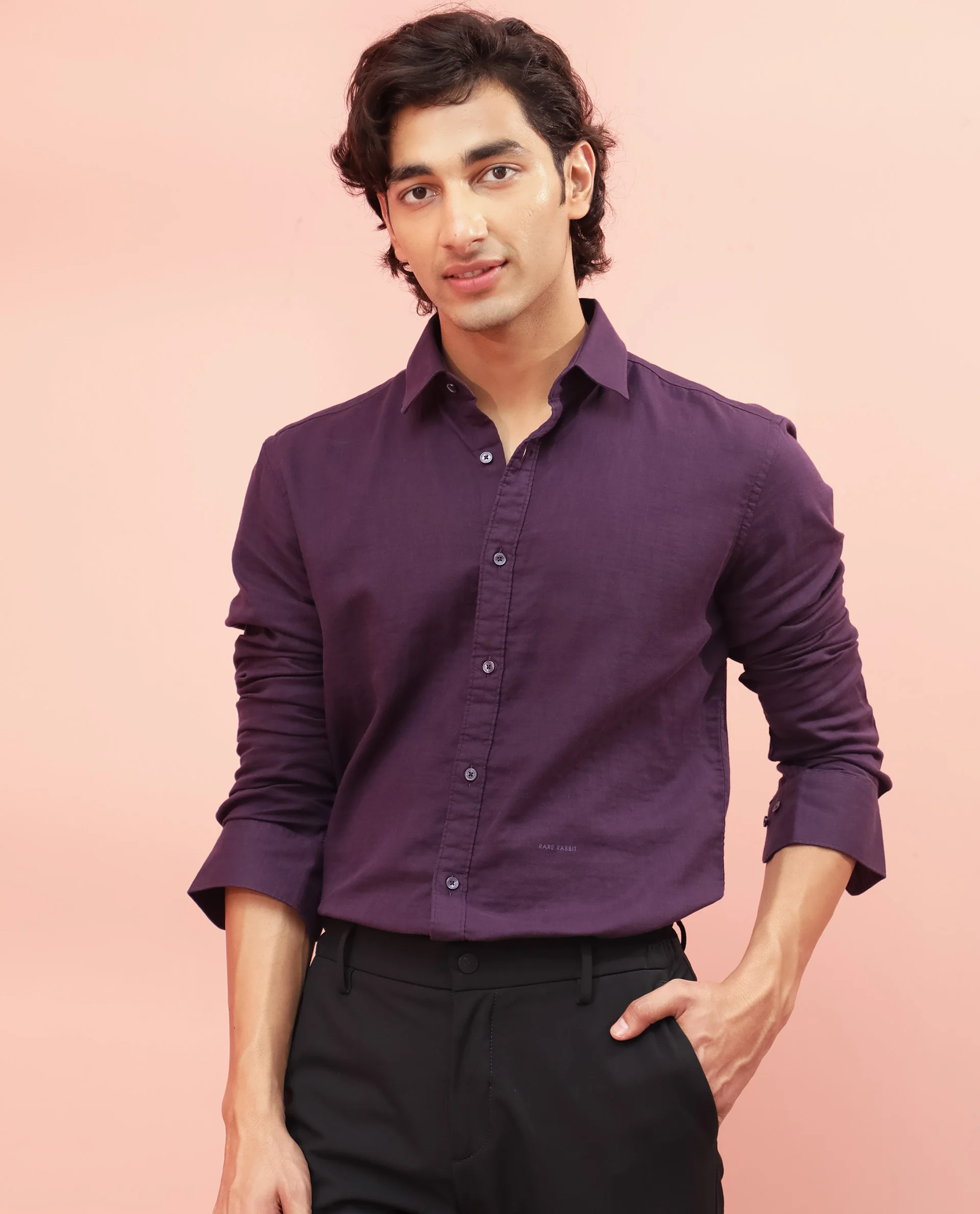 Rare Rabbit Men's Layerr Purple Plain Regular Fit Full Sleeve Spread Collar Shirt - Image 4