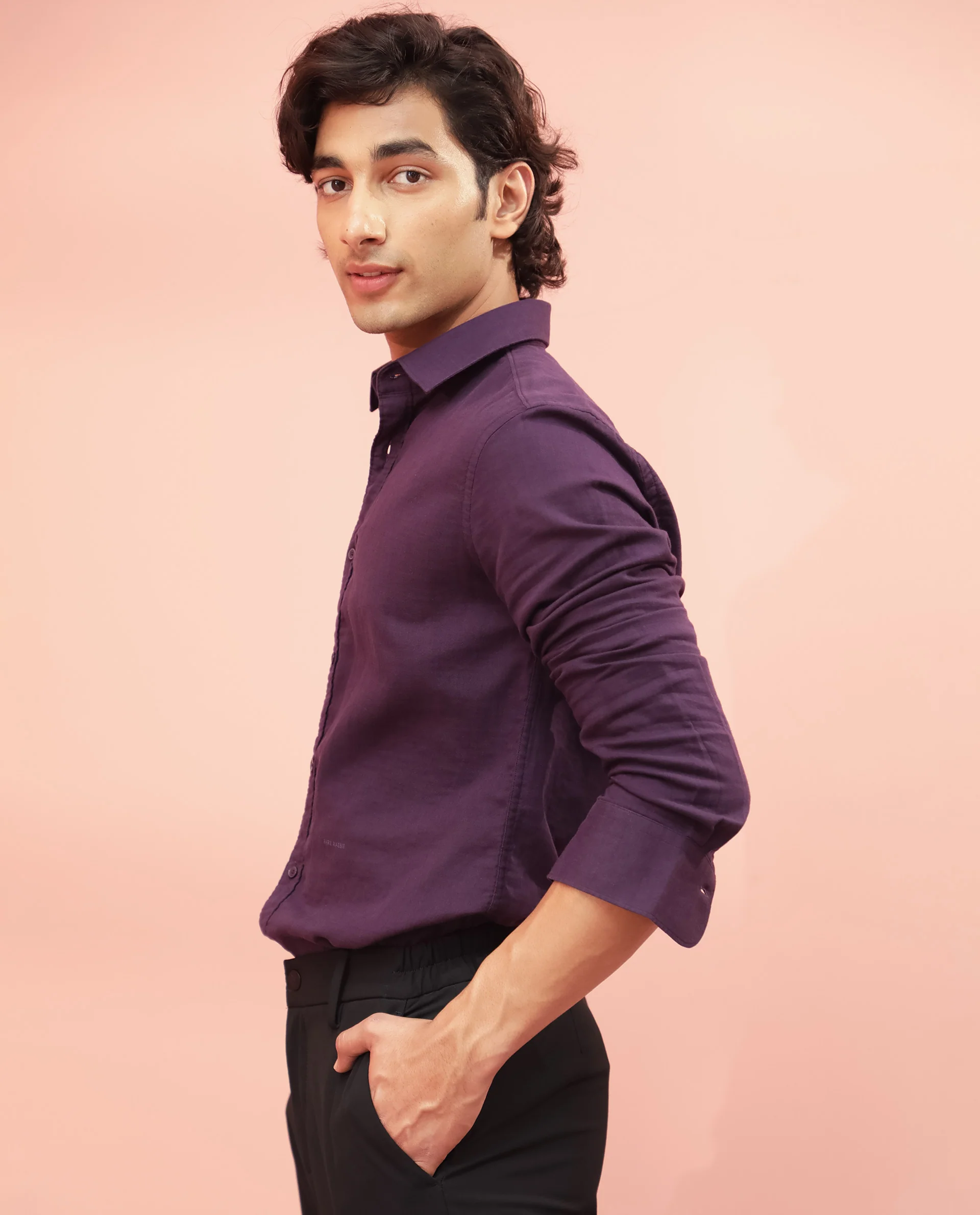 Rare Rabbit Men's Layerr Purple Plain Regular Fit Full Sleeve Spread Collar Shirt - Image 6