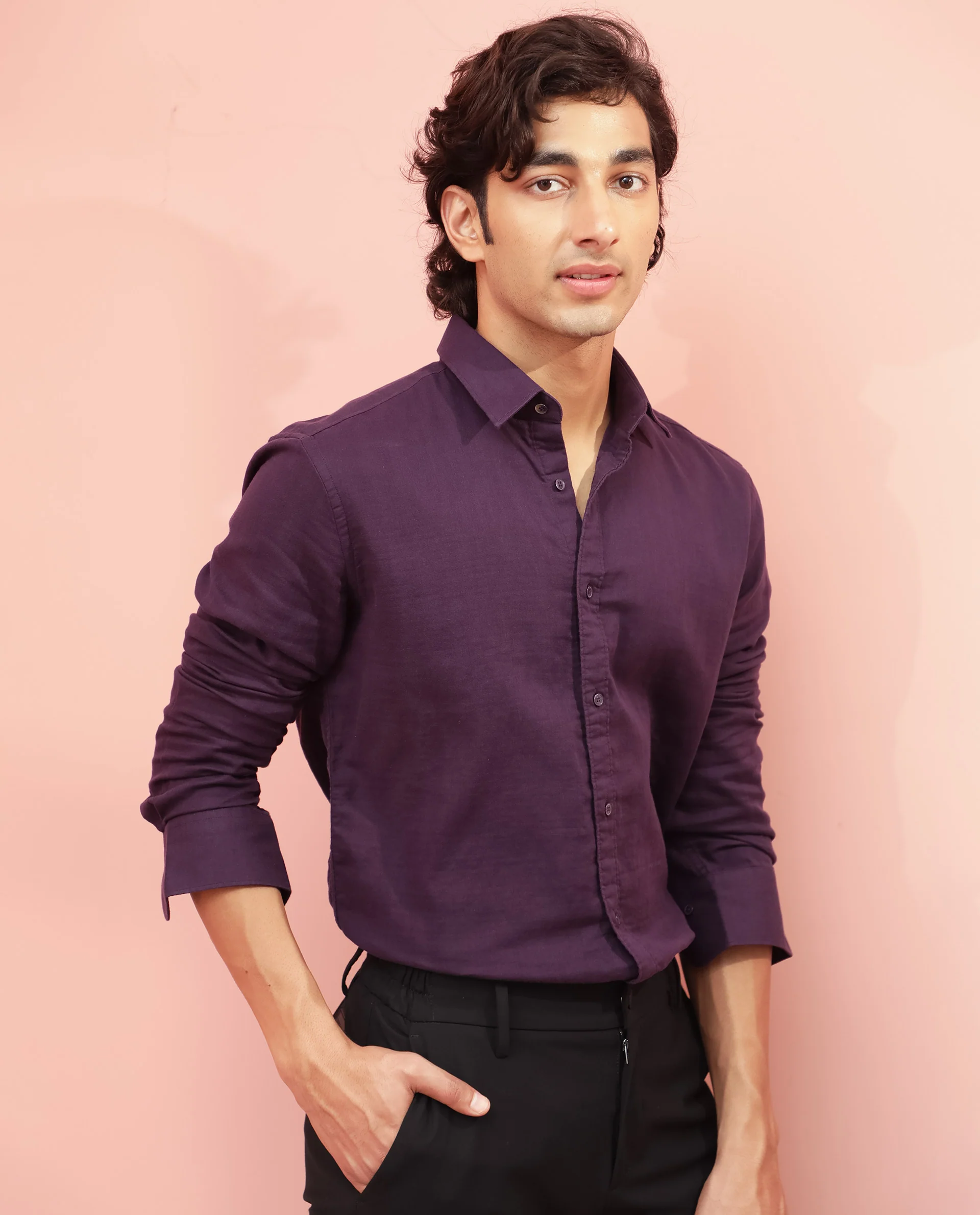 Rare Rabbit Men's Layerr Purple Plain Regular Fit Full Sleeve Spread Collar Shirt - Image 7