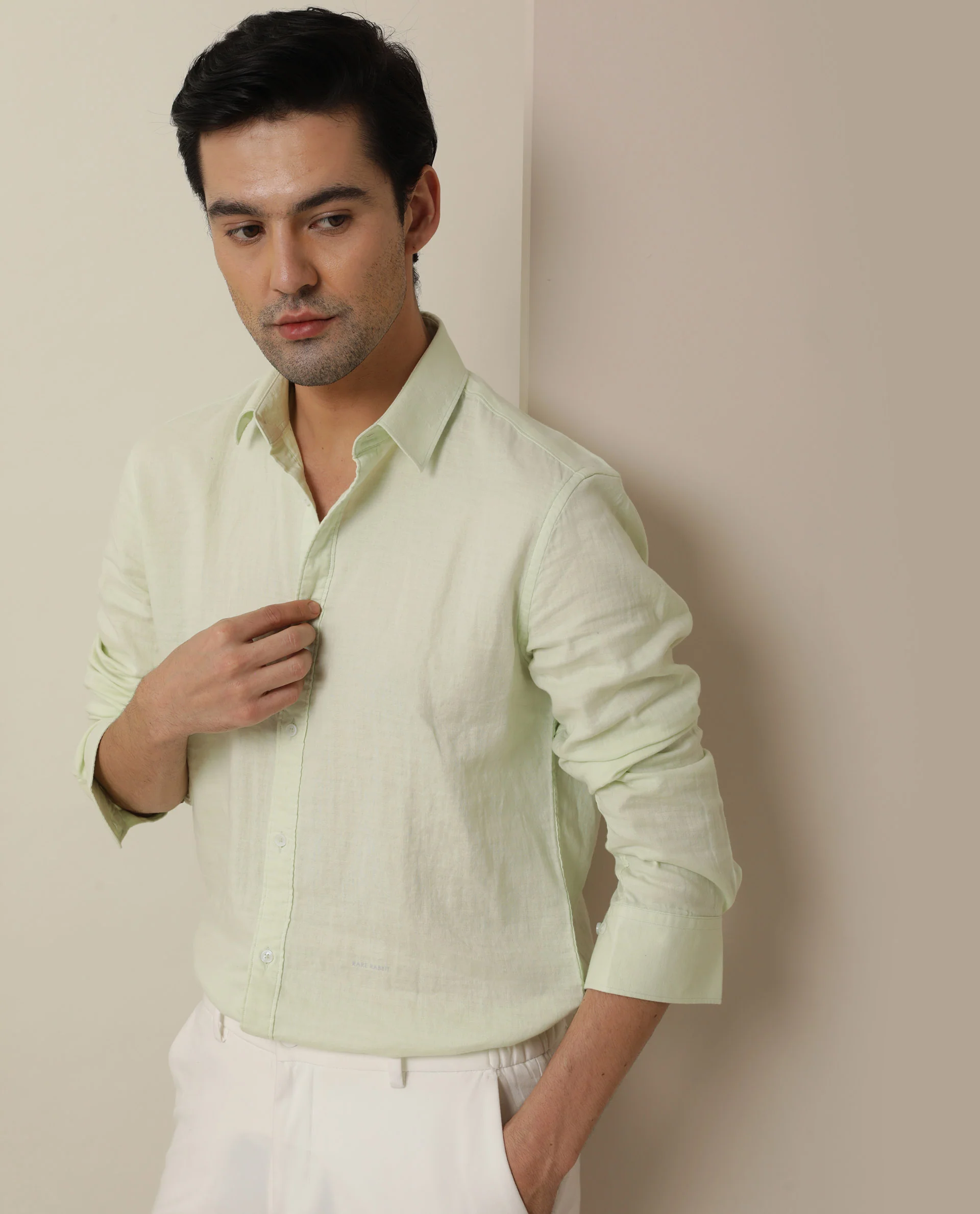 Rare Rabbit Men's Layerr Light Green Cotton Plain Regular Fit Full Sleeve Collared Shirt