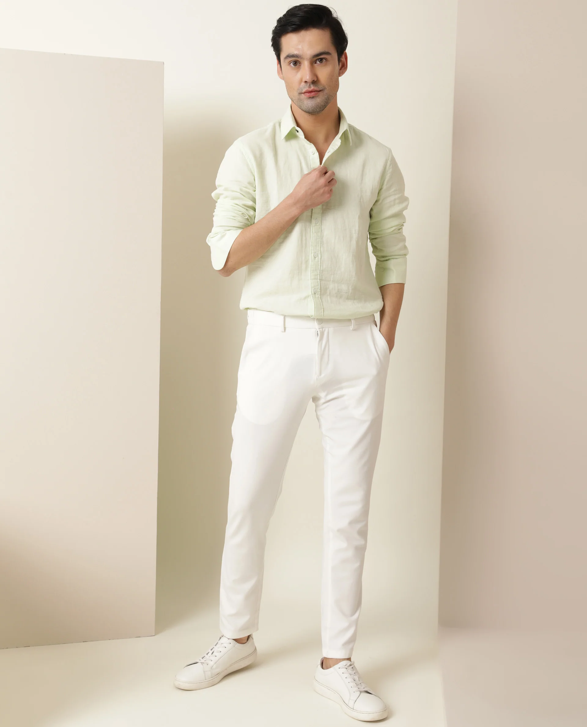 Rare Rabbit Men's Layerr Light Green Cotton Plain Regular Fit Full Sleeve Collared Shirt - Image 2