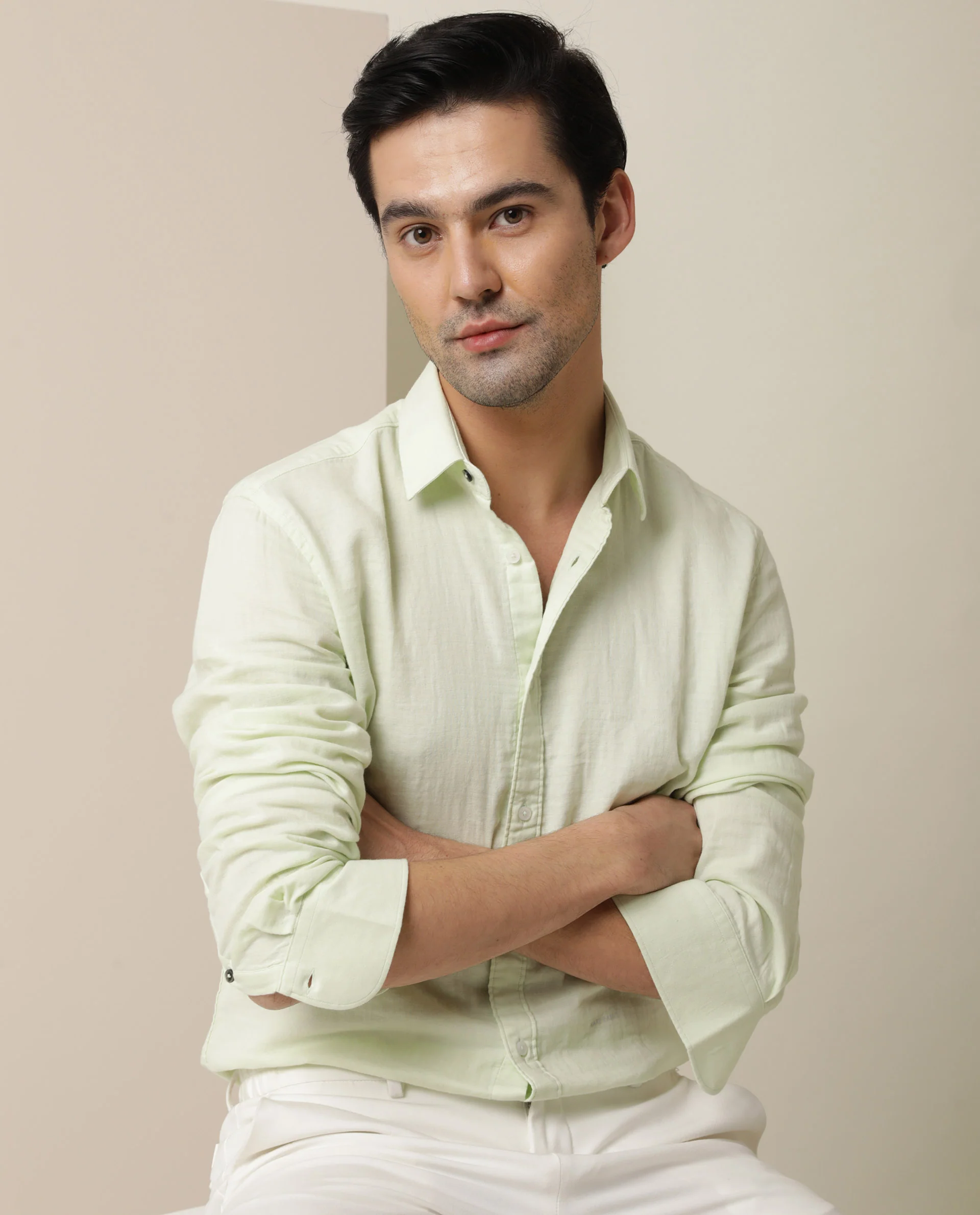Rare Rabbit Men's Layerr Light Green Cotton Plain Regular Fit Full Sleeve Collared Shirt - Image 4