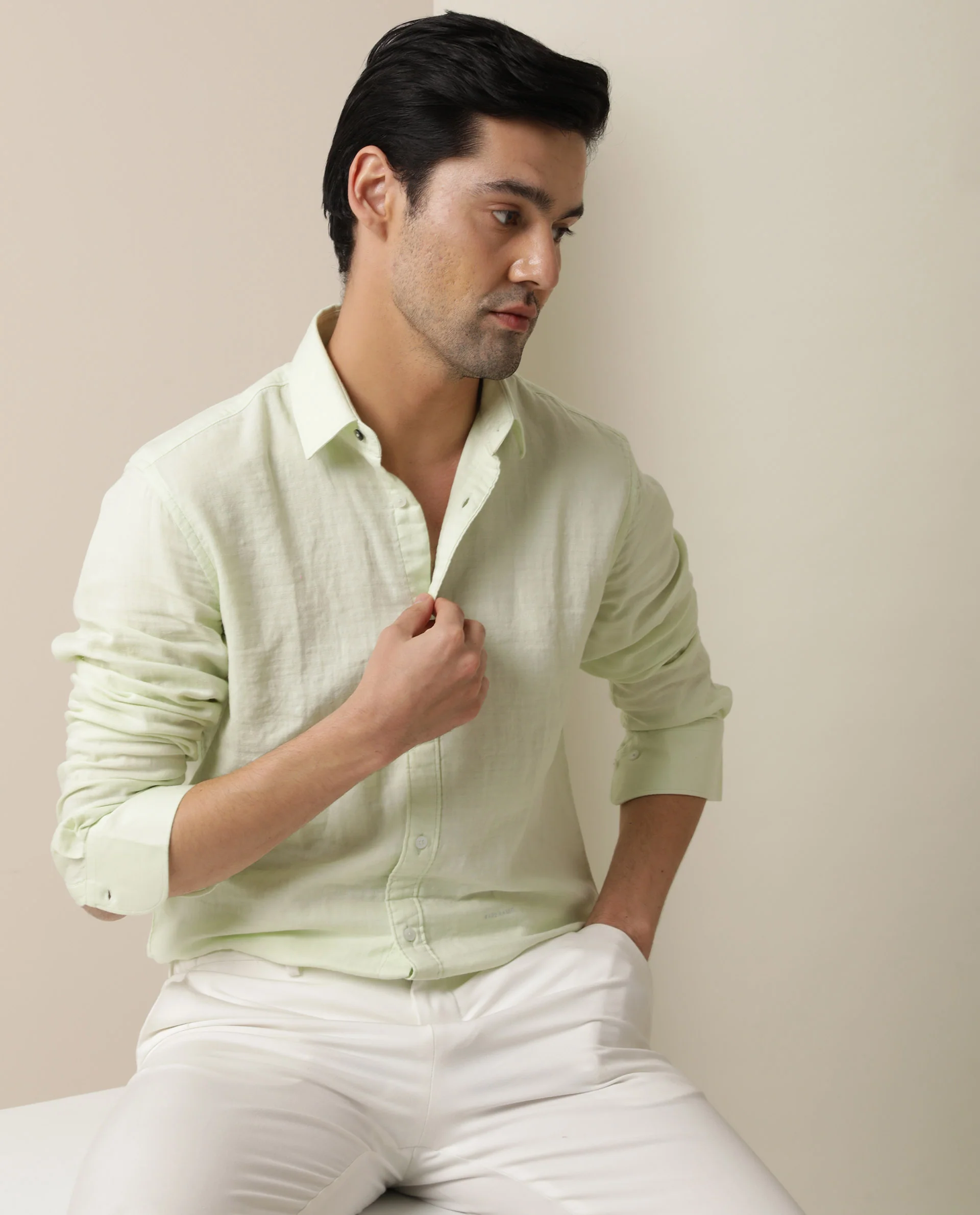 Rare Rabbit Men's Layerr Light Green Cotton Plain Regular Fit Full Sleeve Collared Shirt - Image 6