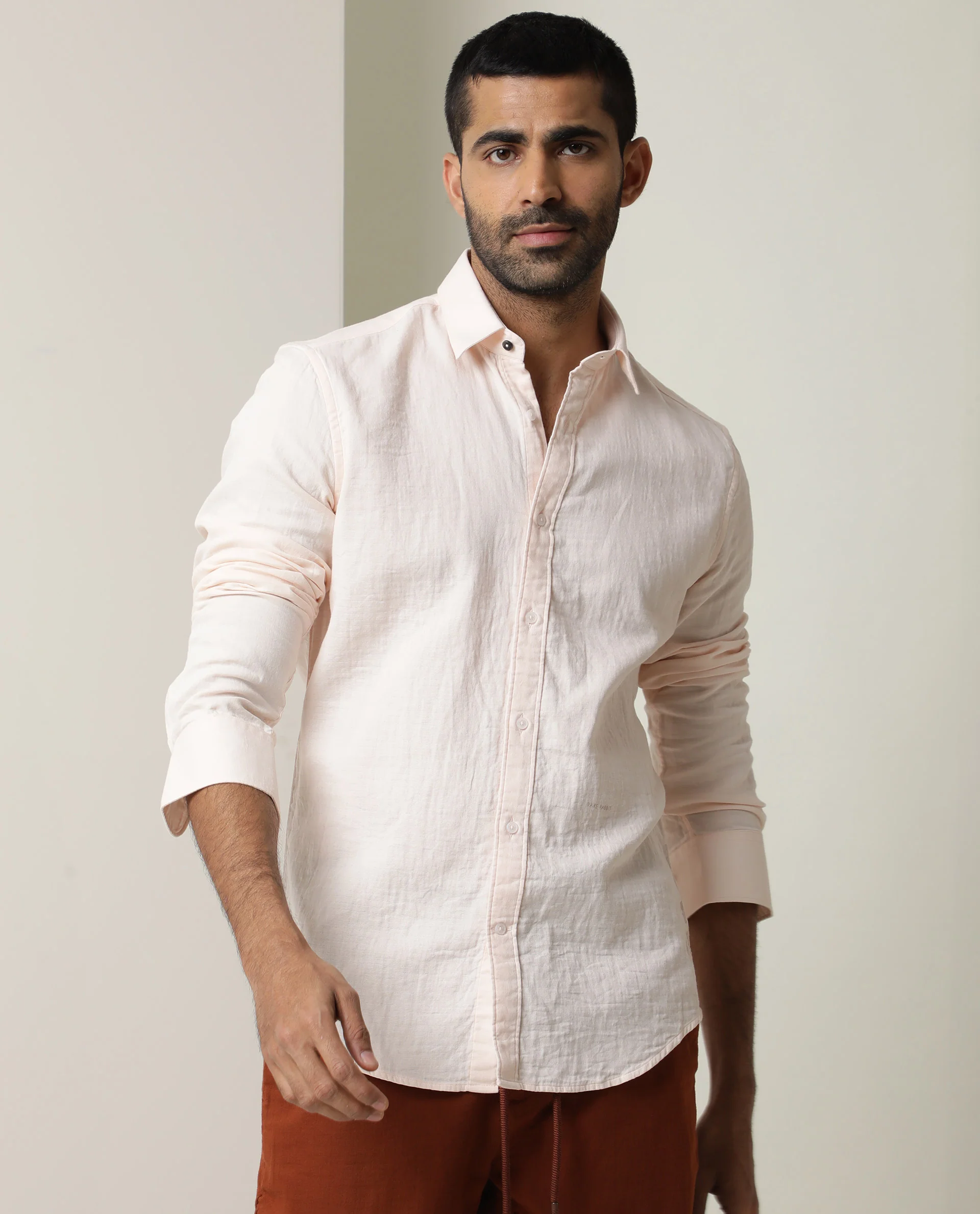 Rare Rabbit Men's Layerr Pastel Pink Cotton Plain Regular Fit Full Sleeve Spread Collar Shirt - Image 6