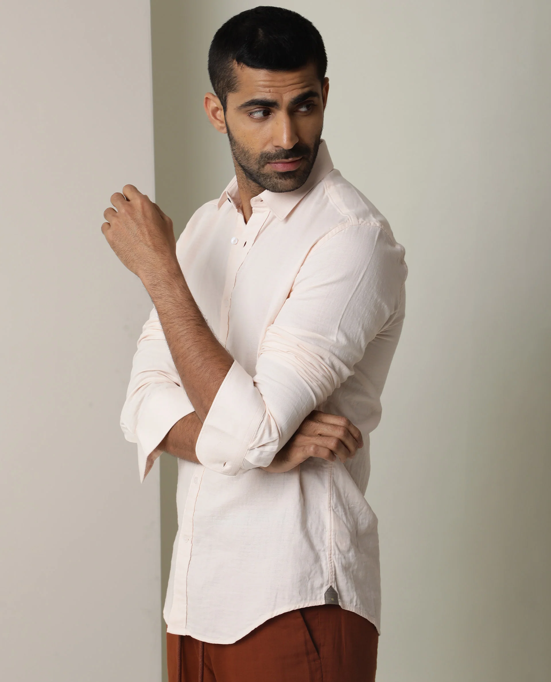 Rare Rabbit Men's Layerr Pastel Pink Cotton Plain Regular Fit Full Sleeve Spread Collar Shirt - Image 7