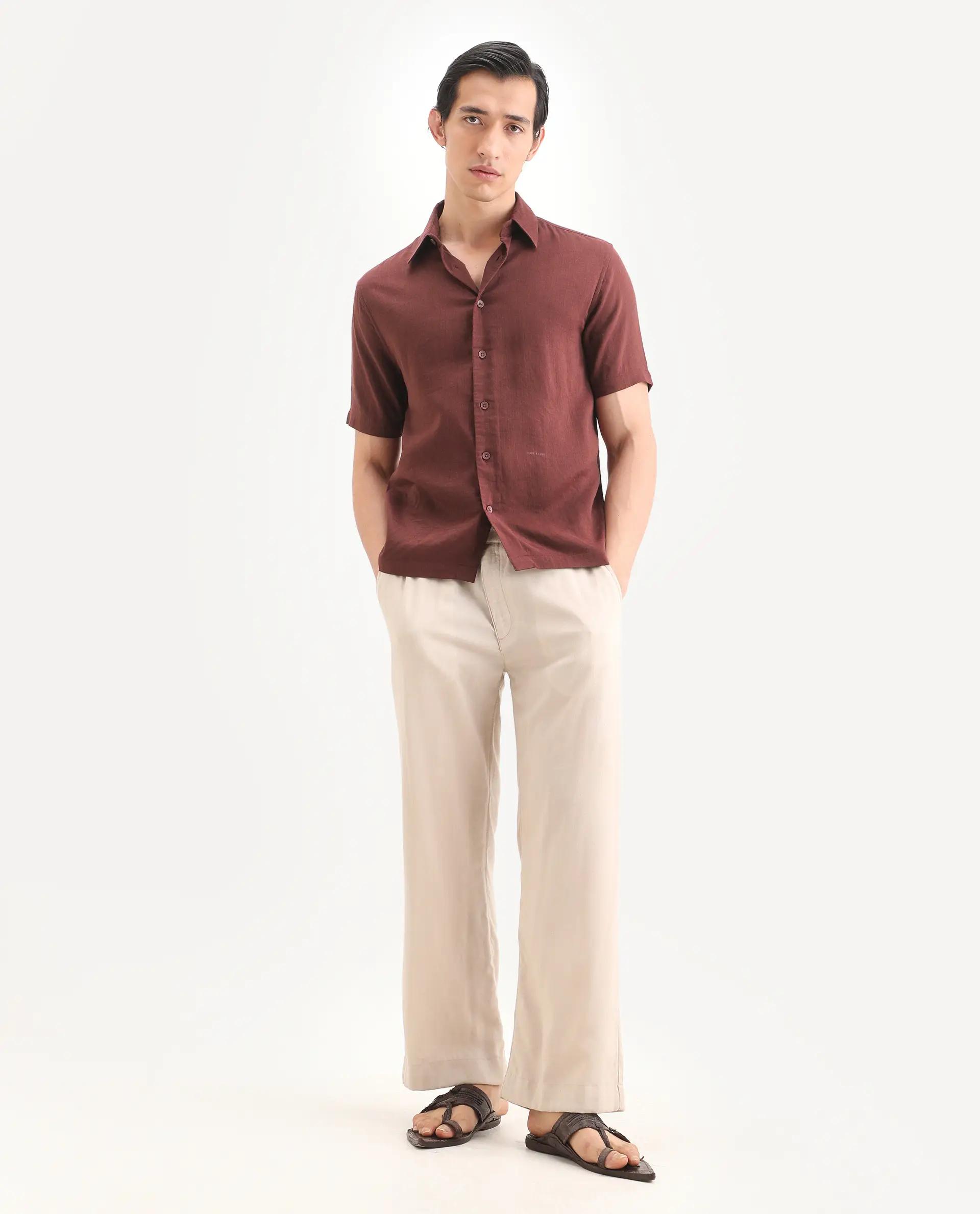 Rare Rabbit Men's Layerr Ss Dark Brown Cotton Blend Plain regular Fit Full Sleeve Collared Shirt - Image 2