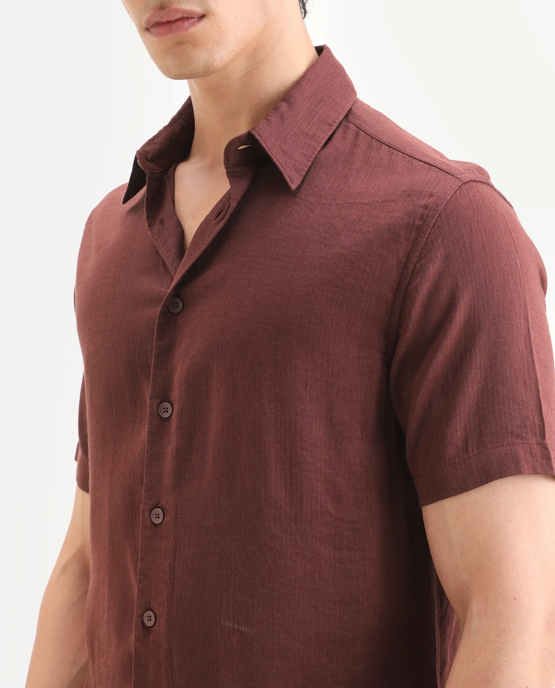 Rare Rabbit Men's Layerr Ss Dark Brown Cotton Blend Plain regular Fit Full Sleeve Collared Shirt - Image 3