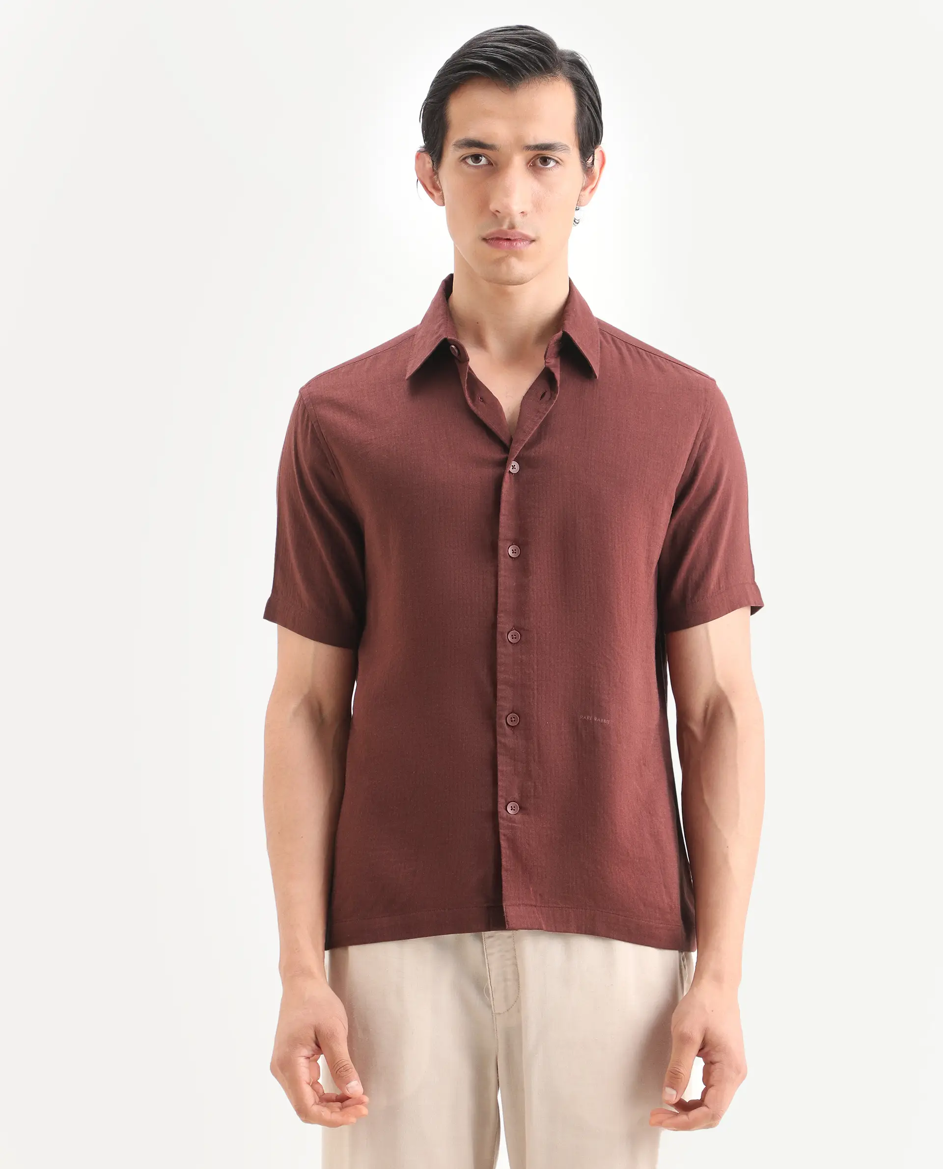 Rare Rabbit Men's Layerr Ss Dark Brown Cotton Blend Plain regular Fit Full Sleeve Collared Shirt - Image 4