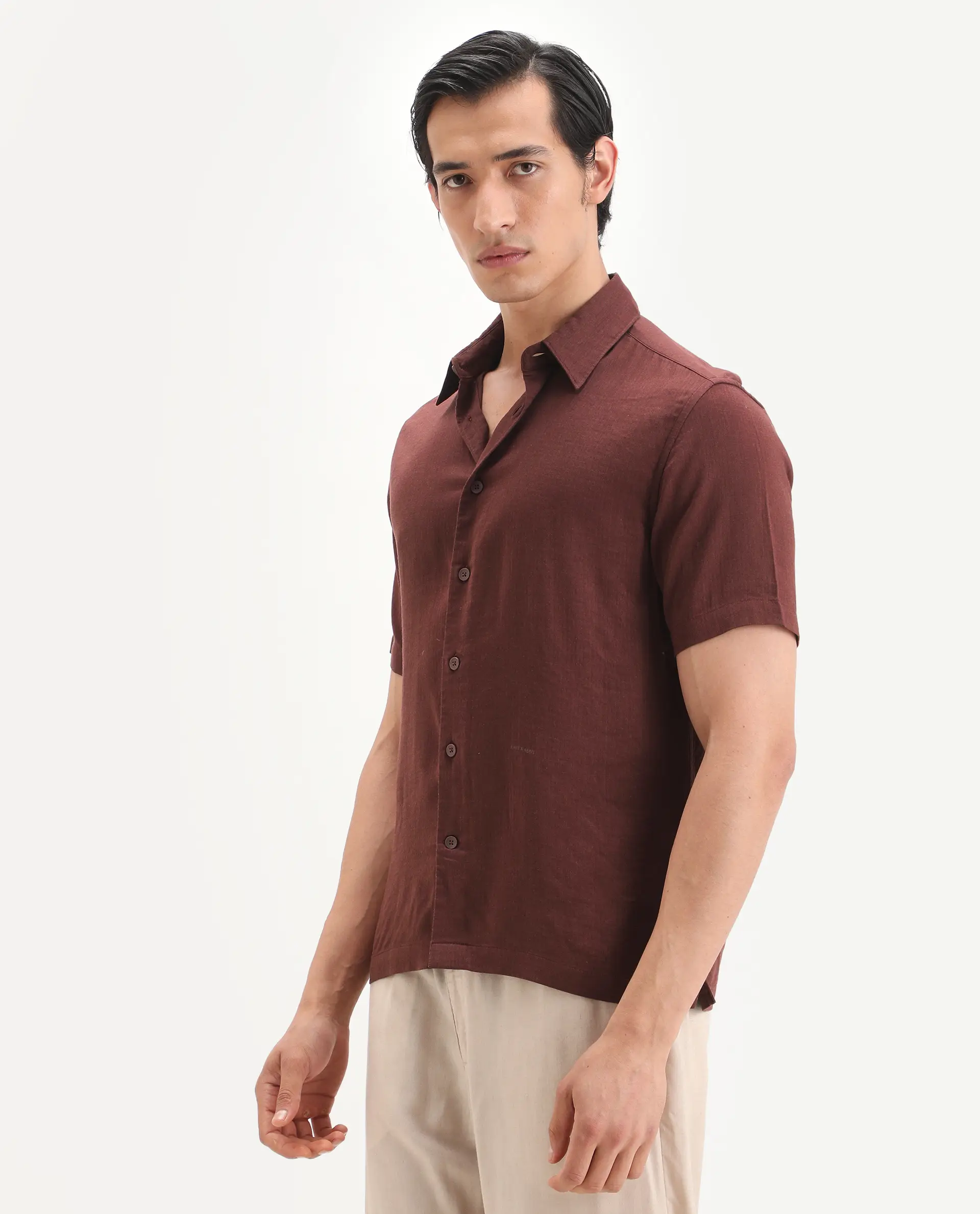 Rare Rabbit Men's Layerr Ss Dark Brown Cotton Blend Plain regular Fit Full Sleeve Collared Shirt - Image 5