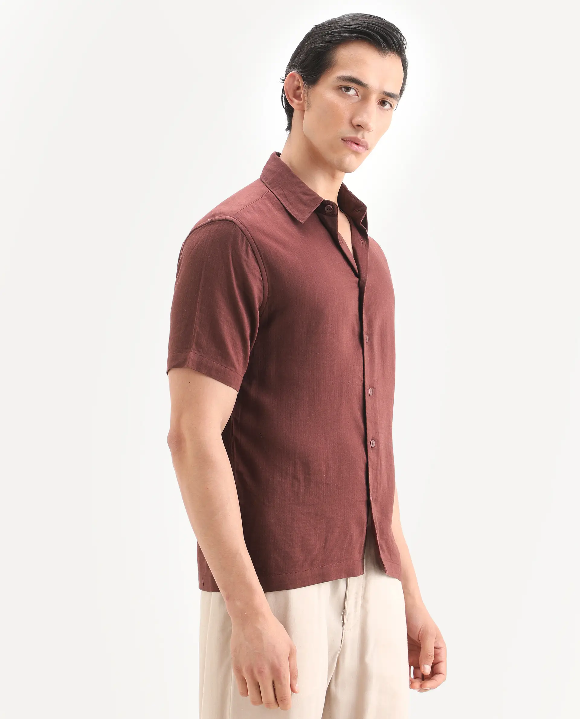 Rare Rabbit Men's Layerr Ss Dark Brown Cotton Blend Plain regular Fit Full Sleeve Collared Shirt - Image 6