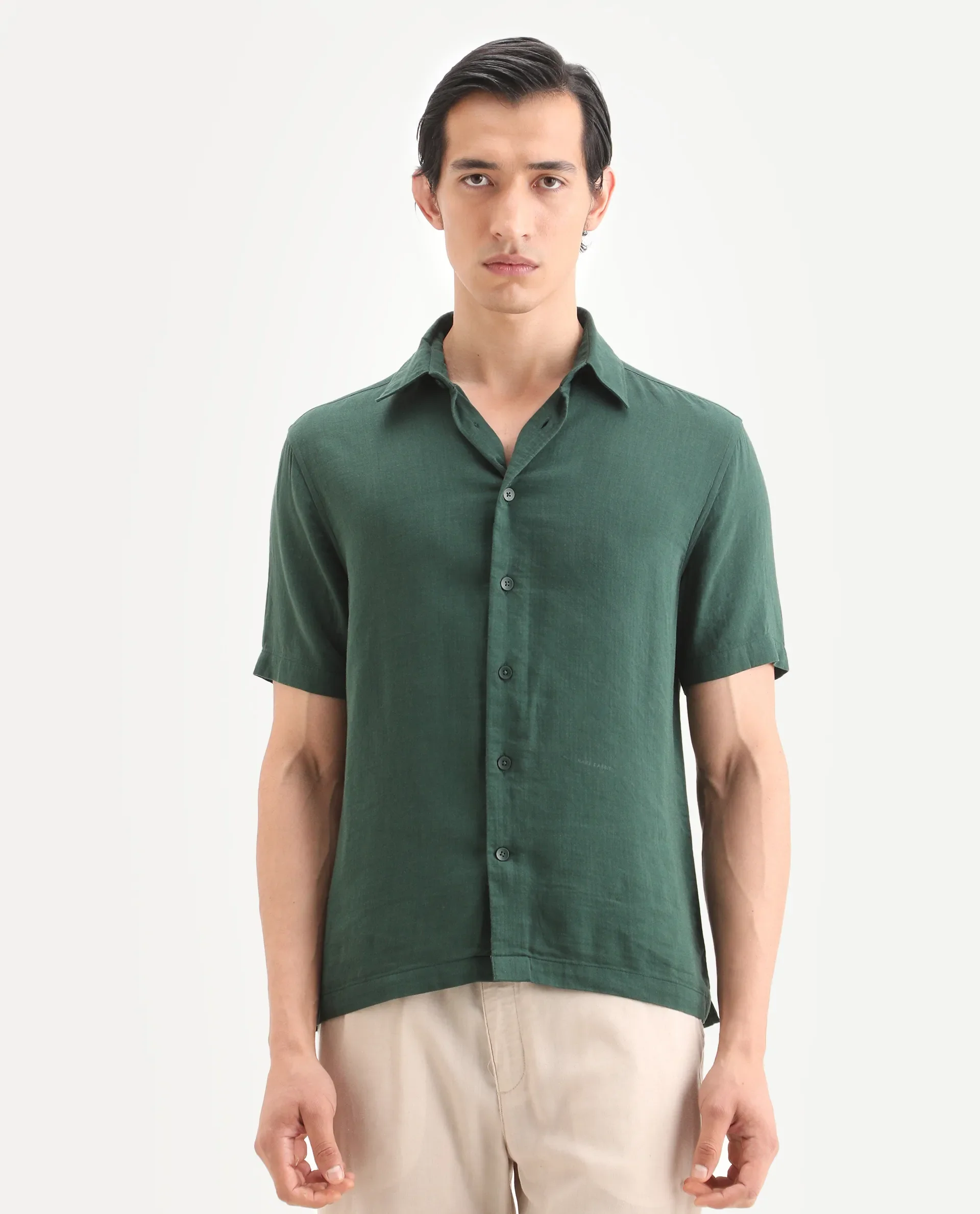 Rare Rabbit Men's Layerr Ss Green Cotton Blend Plain Boxy Fit Full Sleeve Collared Shirt - Image 3