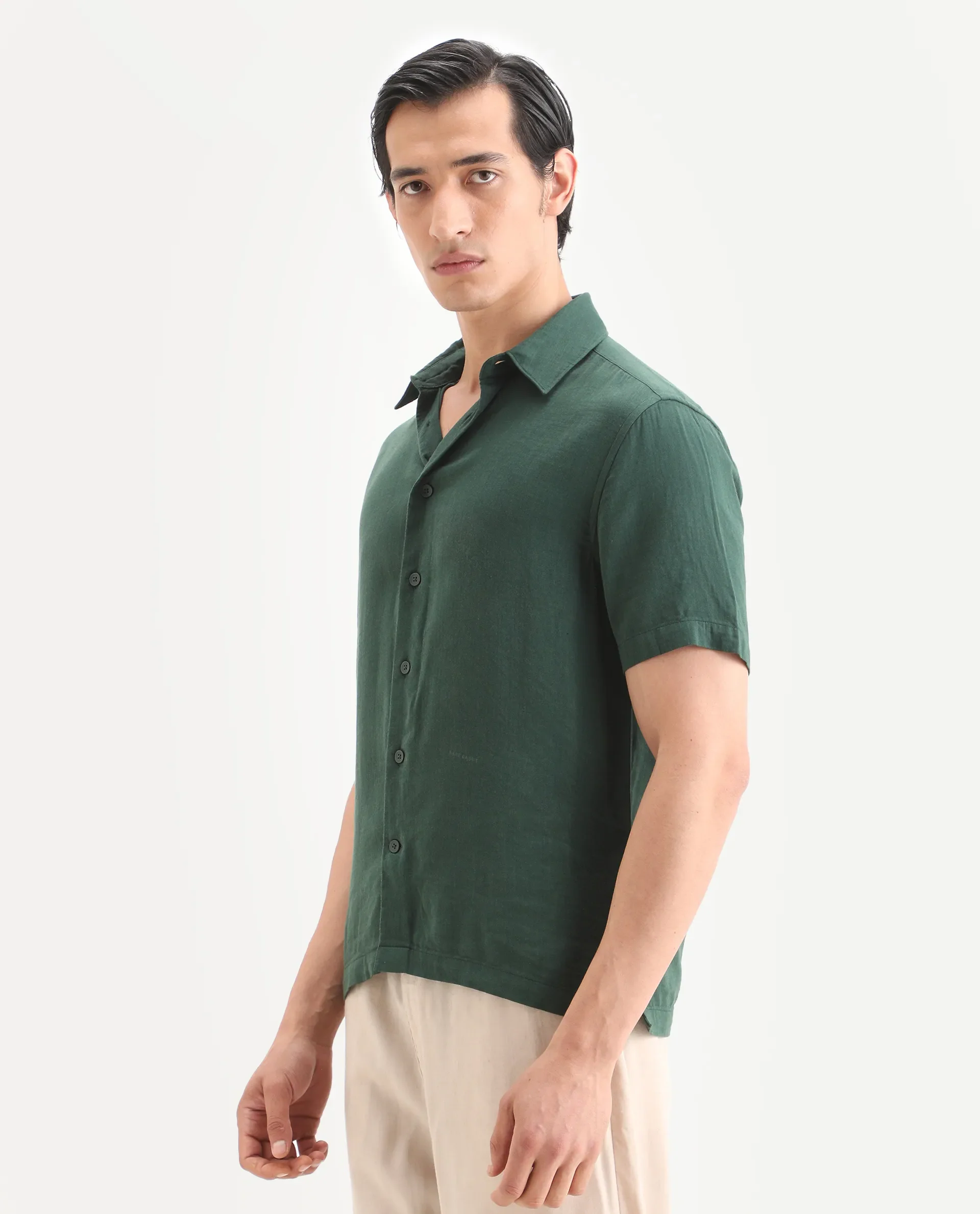 Rare Rabbit Men's Layerr Ss Green Cotton Blend Plain Boxy Fit Full Sleeve Collared Shirt - Image 5