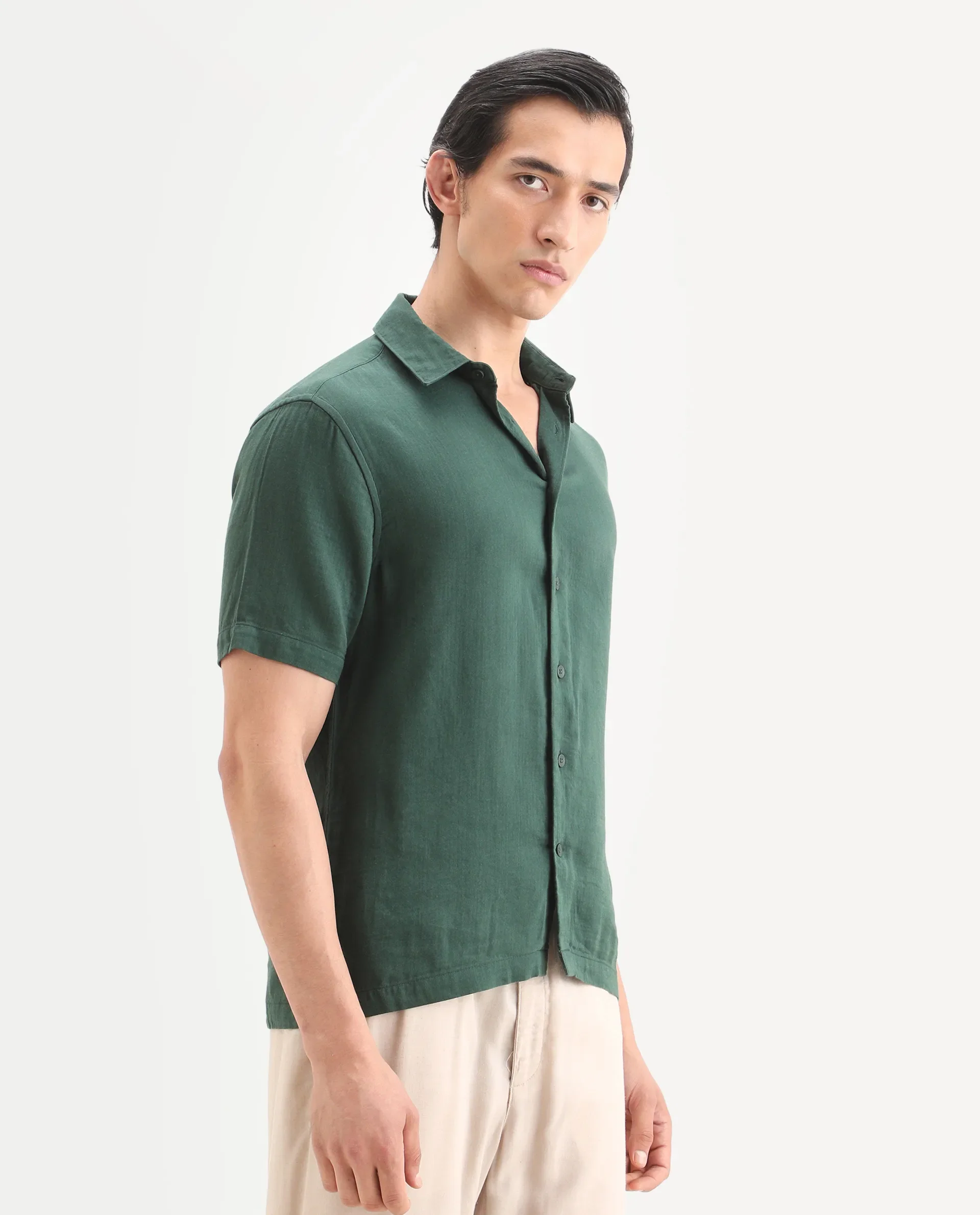 Rare Rabbit Men's Layerr Ss Green Cotton Blend Plain Boxy Fit Full Sleeve Collared Shirt - Image 6